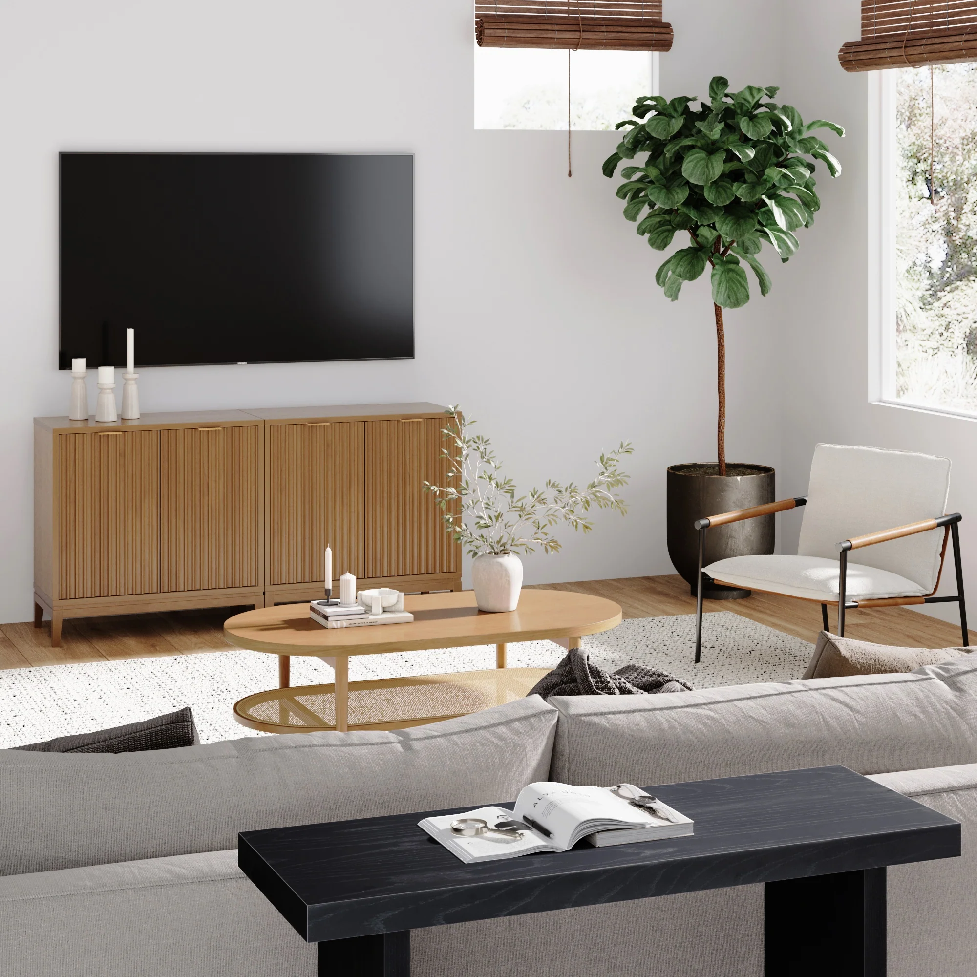 Mid-Century Fluted TV Console for 55-65" TVs Warm Pine - Image 2