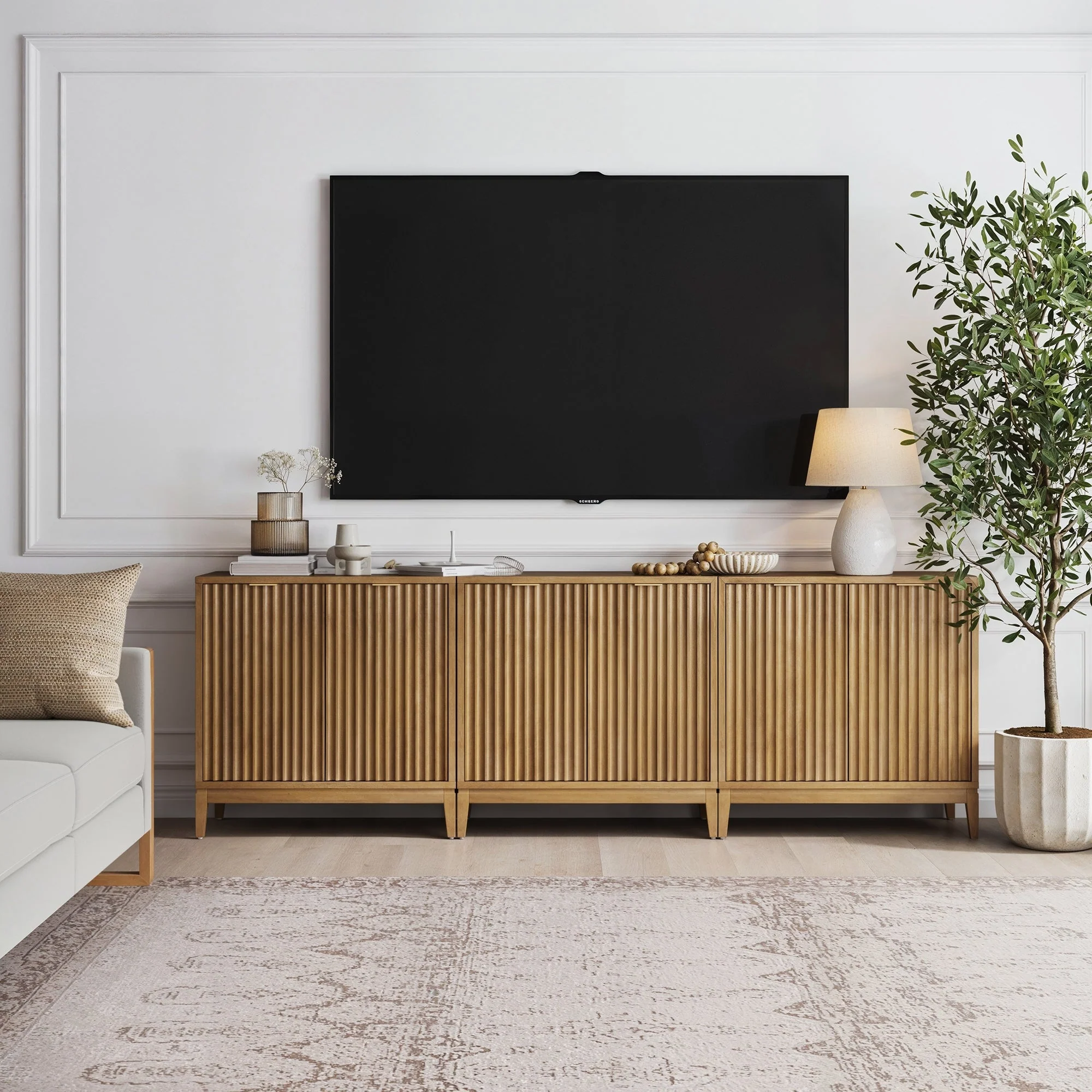 Mid-Century Fluted Storage Cabinet Credenza Light Brown (Set of 3) - Image 2