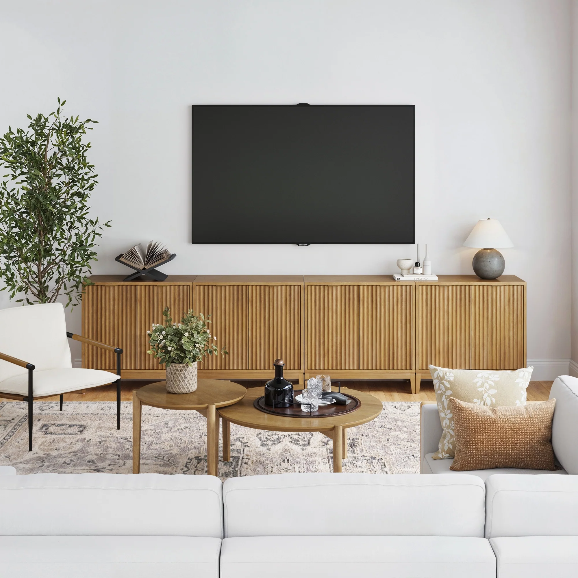 Mid-Century Fluted TV Console for 85" TVs Light Brown