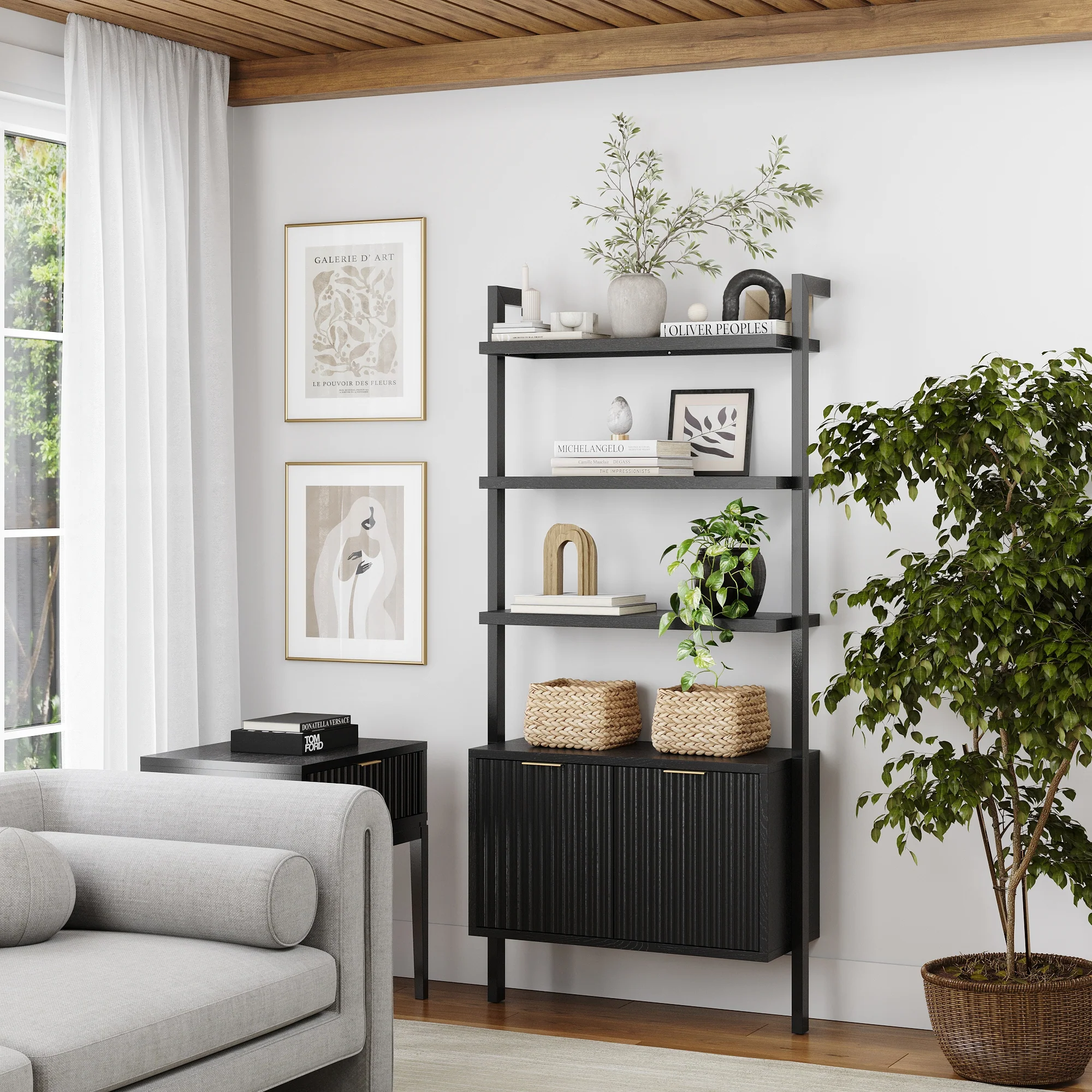 Mid-Century Fluted Wall Bookshelf with Doors Black - Image 2