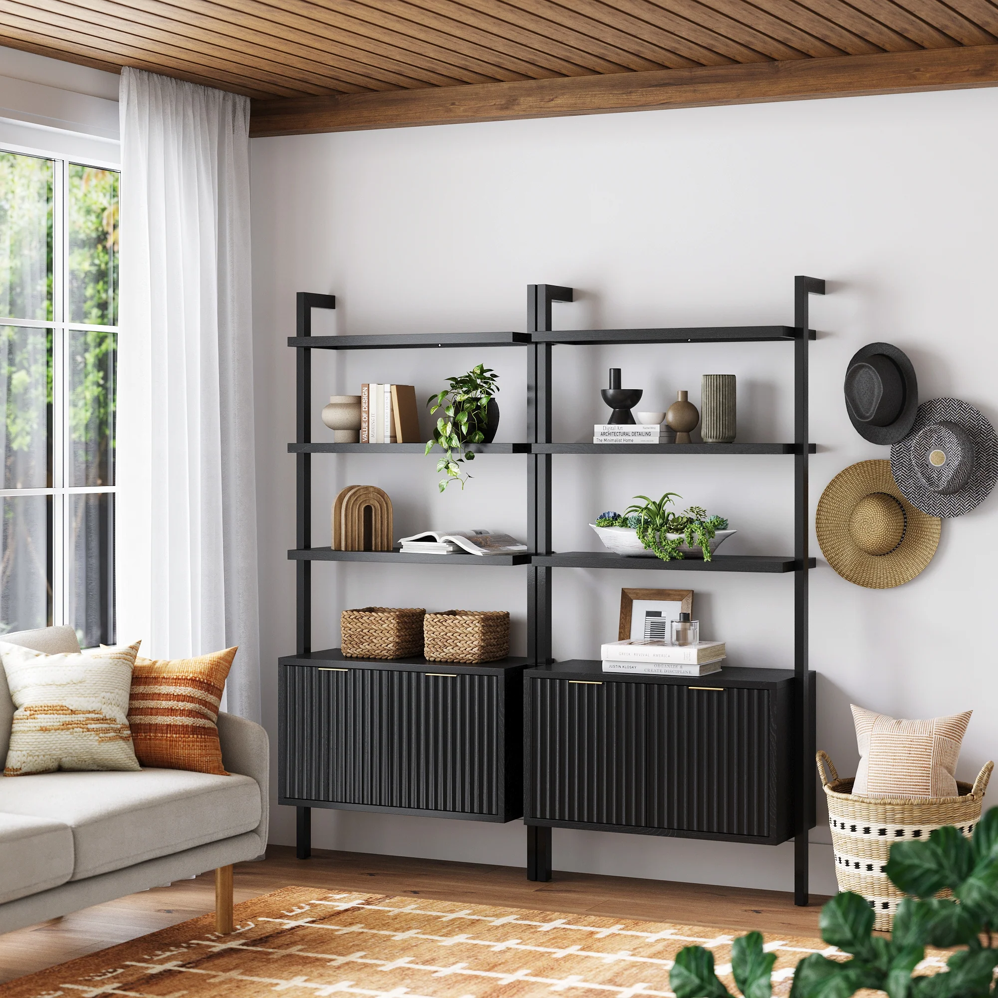 Mid-Century Fluted Wall Bookshelves with Doors Black (Set of 2) - Image 2