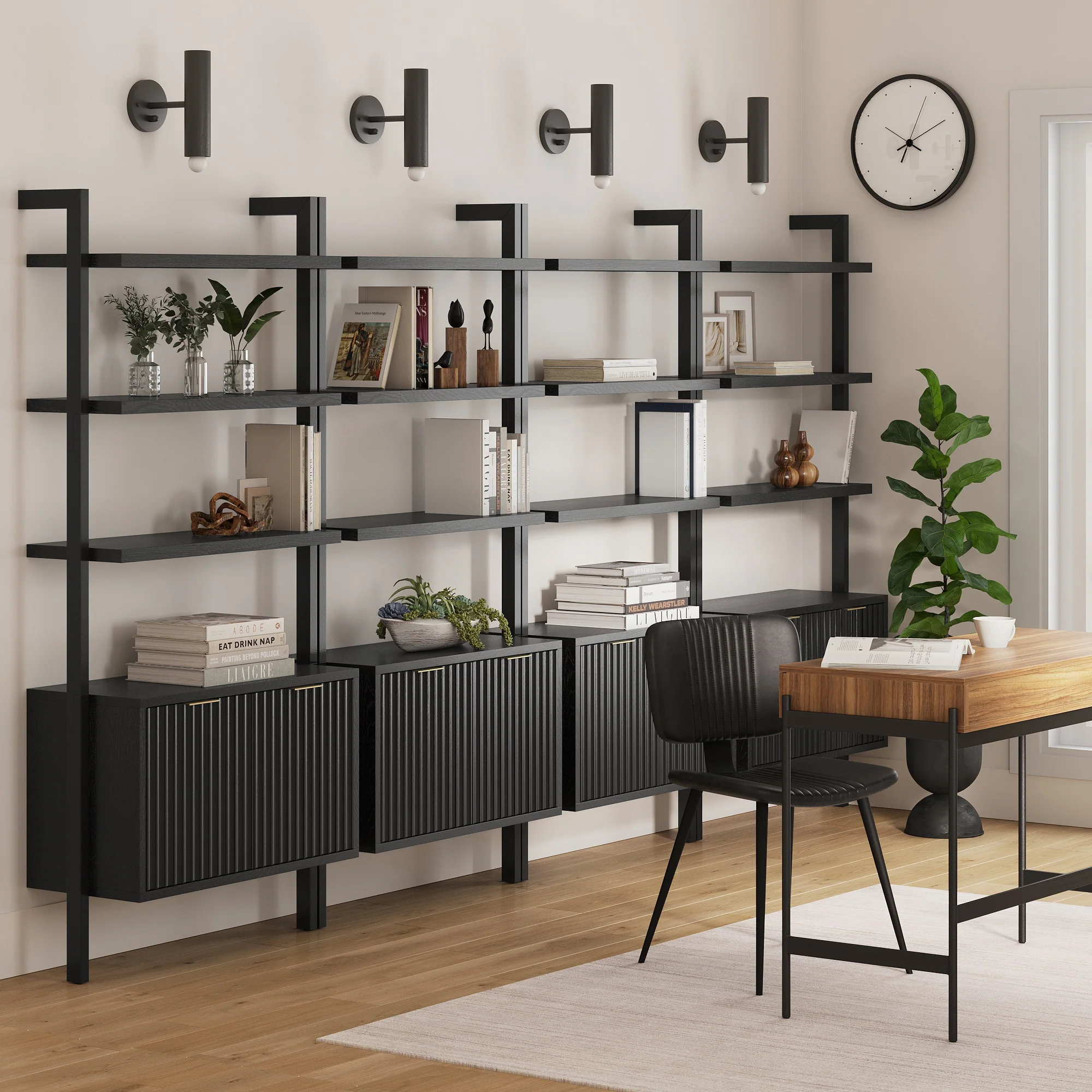 Mid-Century Fluted Wall Bookshelves with Doors Black (Set of 4) - Image 2