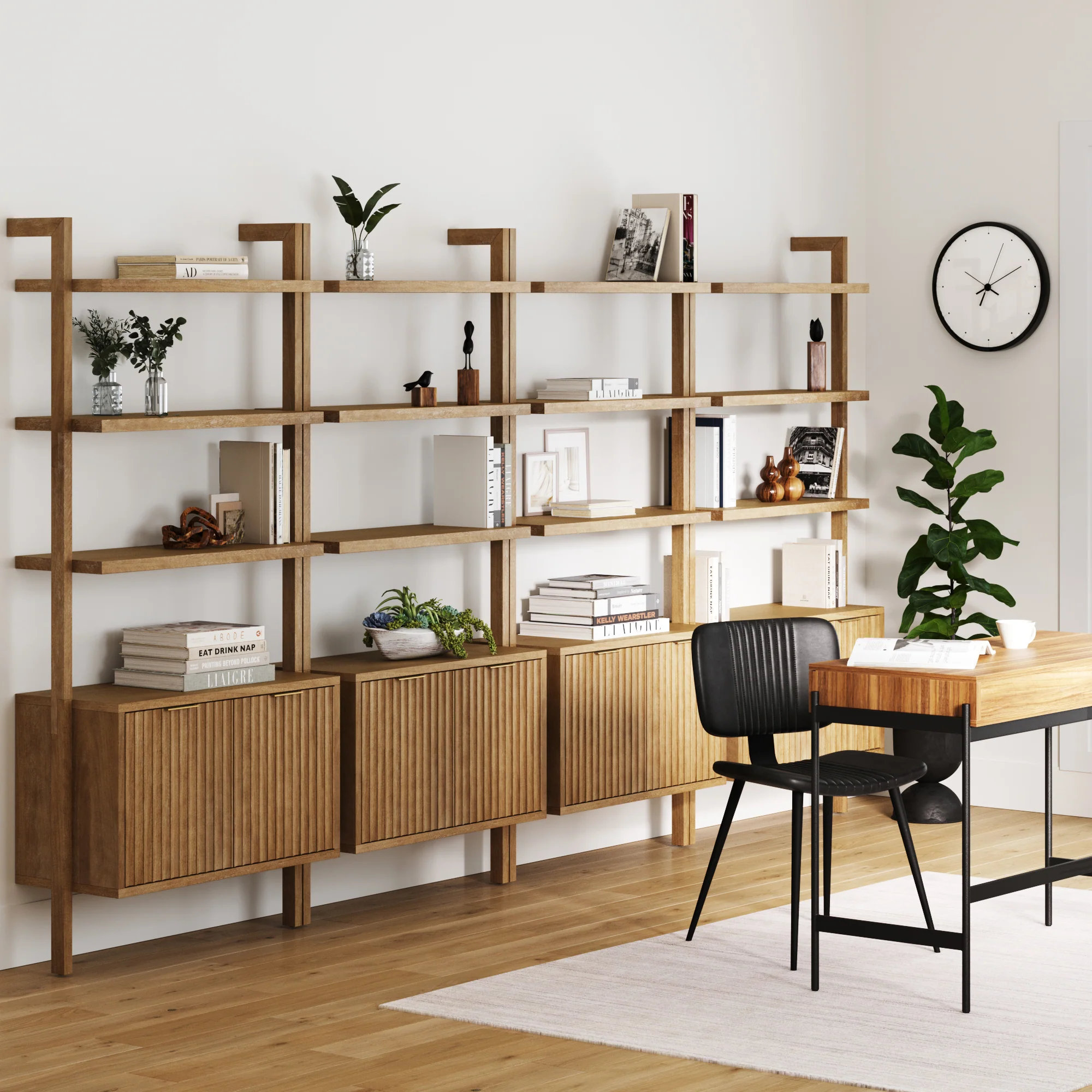 Mid-Century Fluted Wall Bookshelves with Doors Light Brown (Set of 4) - Image 2