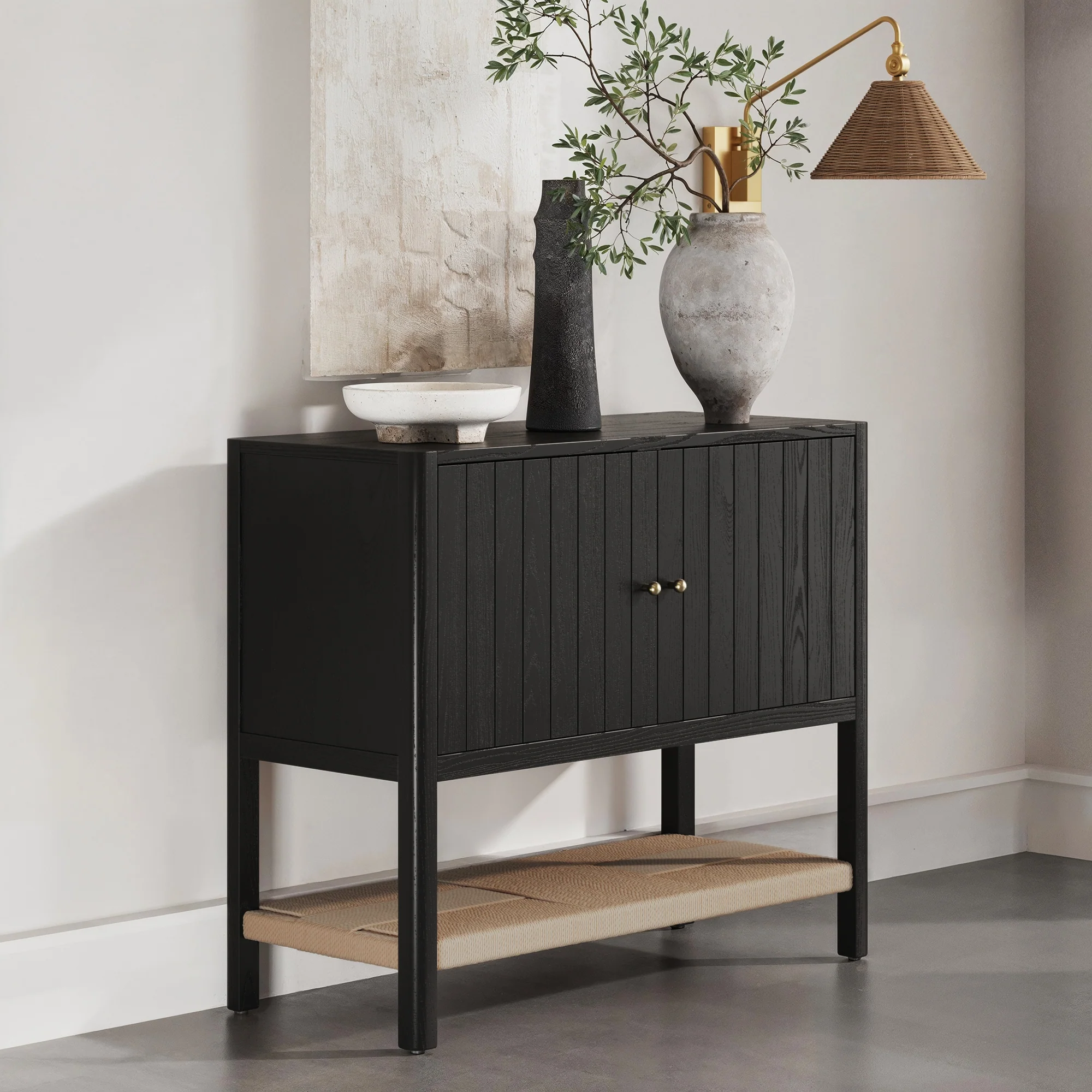 Mid-Century Grooved Door Storage Cabinet Black Oak
