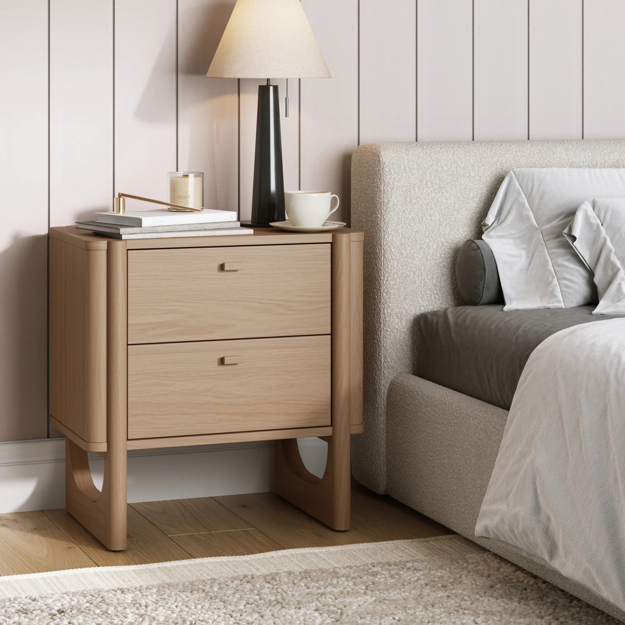Mid Century Modern 2-Drawer Solid Wood Nightstand Raw Oak