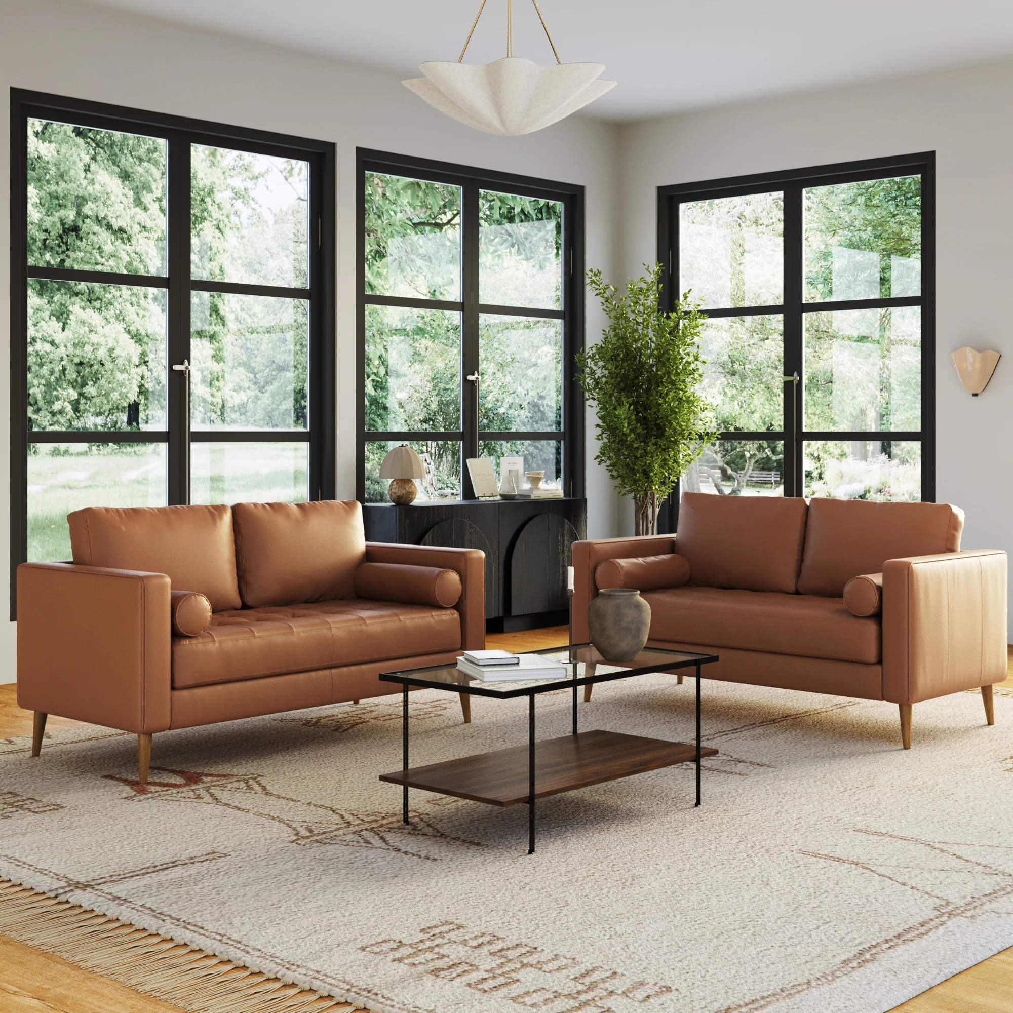 Mid-Century Tufted Leather Loveseat Sofa with Bench Seat Camel - Image 2