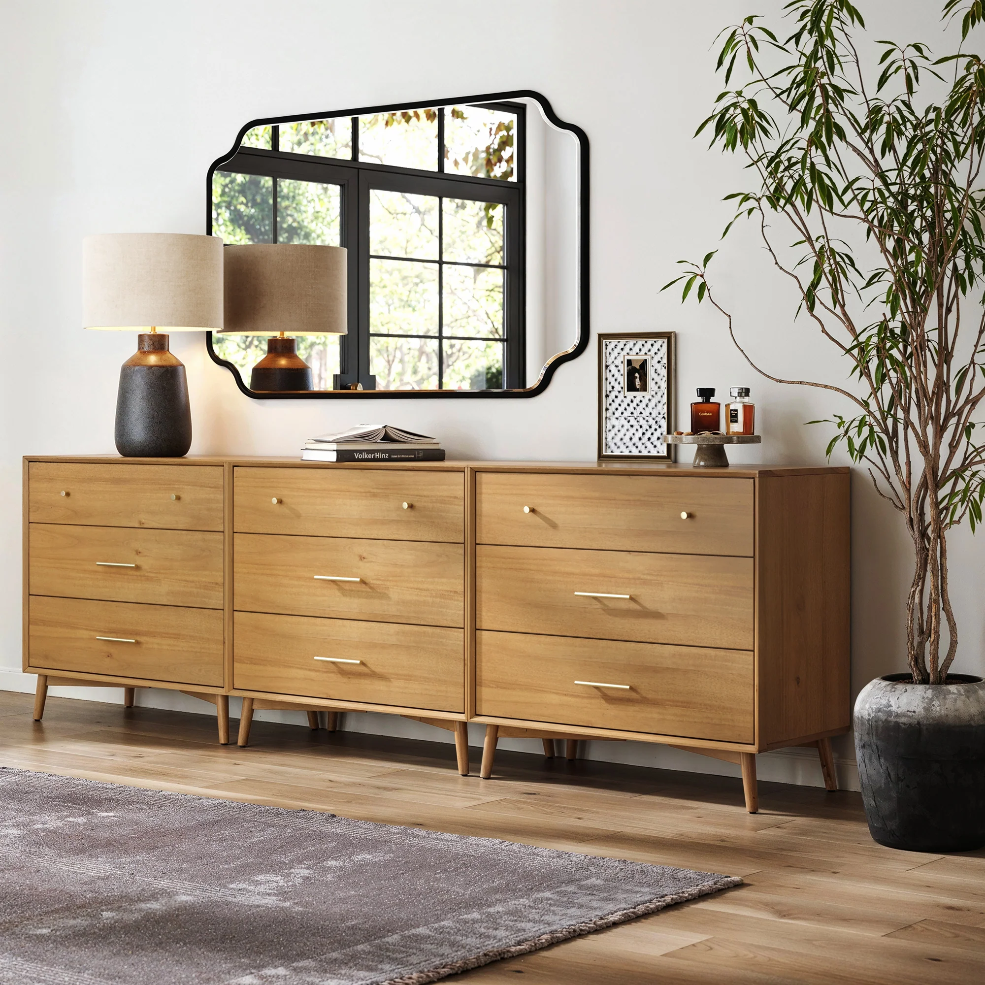 Mid-Century Modern Acacia 3 Drawer Dresser Set of 3
