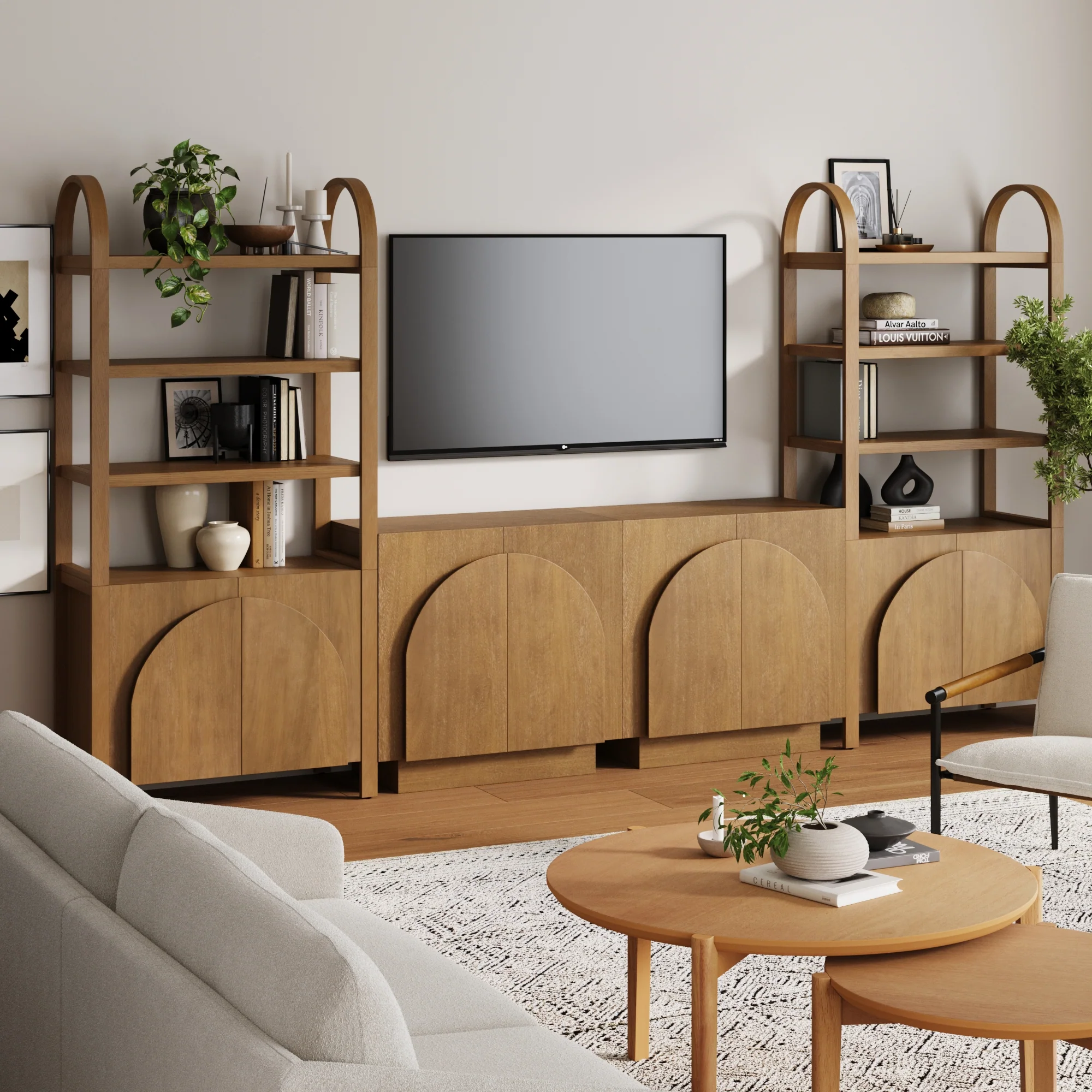 Mid-Century Arched Entertainment Center Light Brown - Image 2