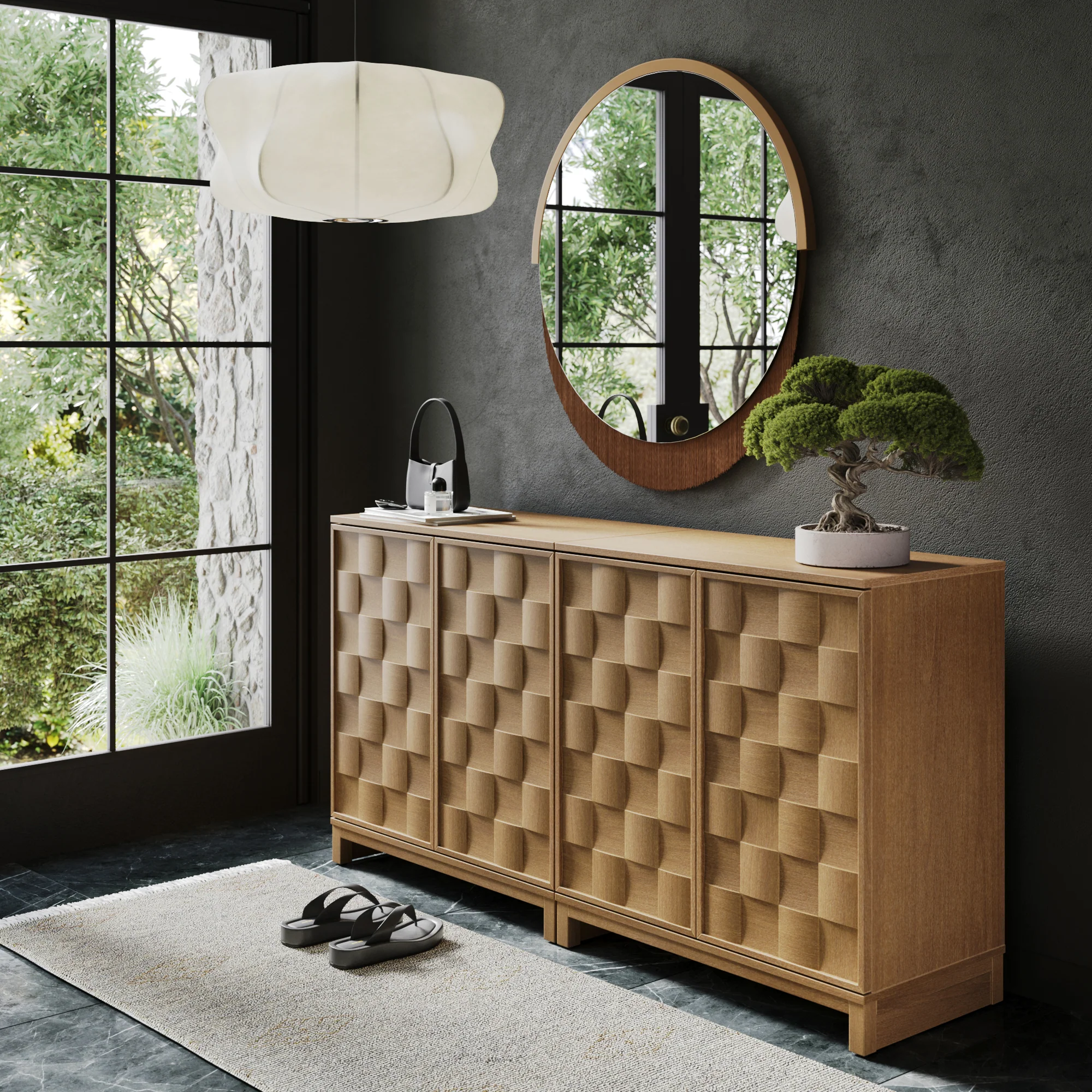 Mid Century Modern Bar Cabinet Credenza with Doors (Set of 2)