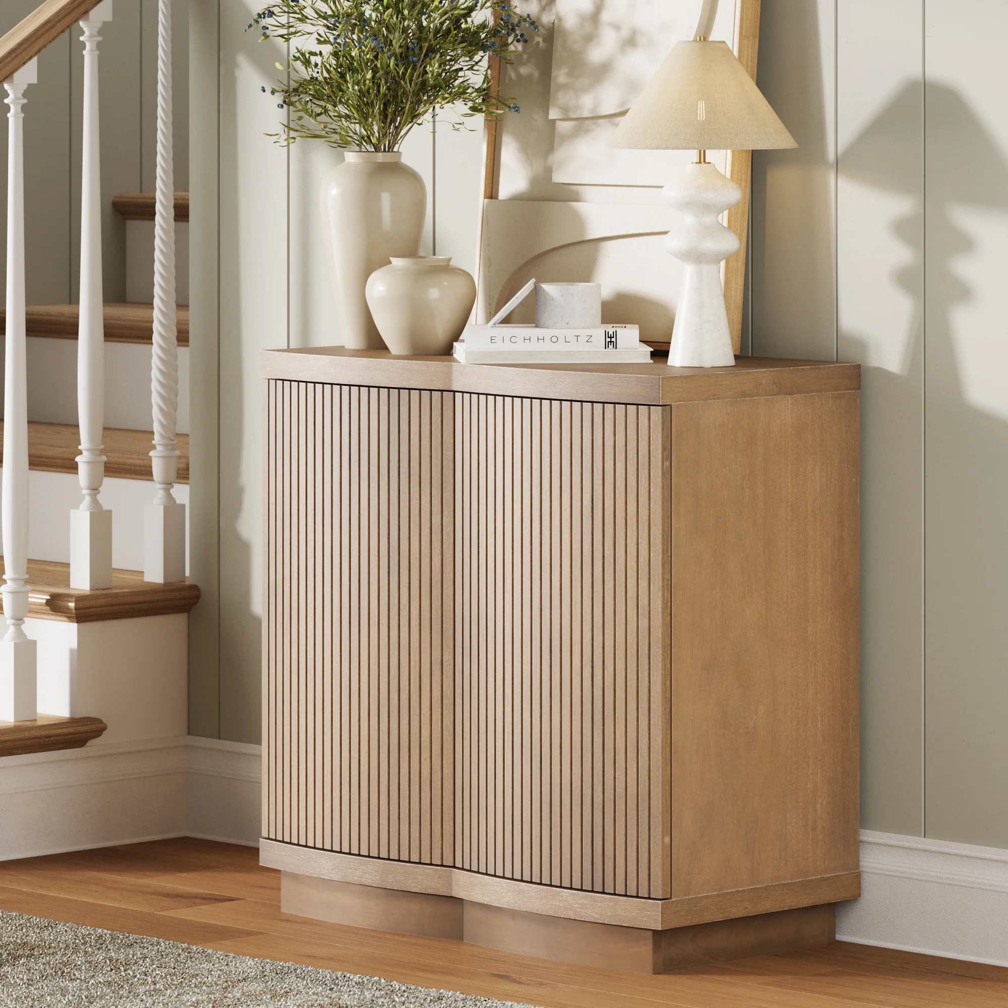 Mid-Century Modern Fluted Accent Cabinet Light Brown