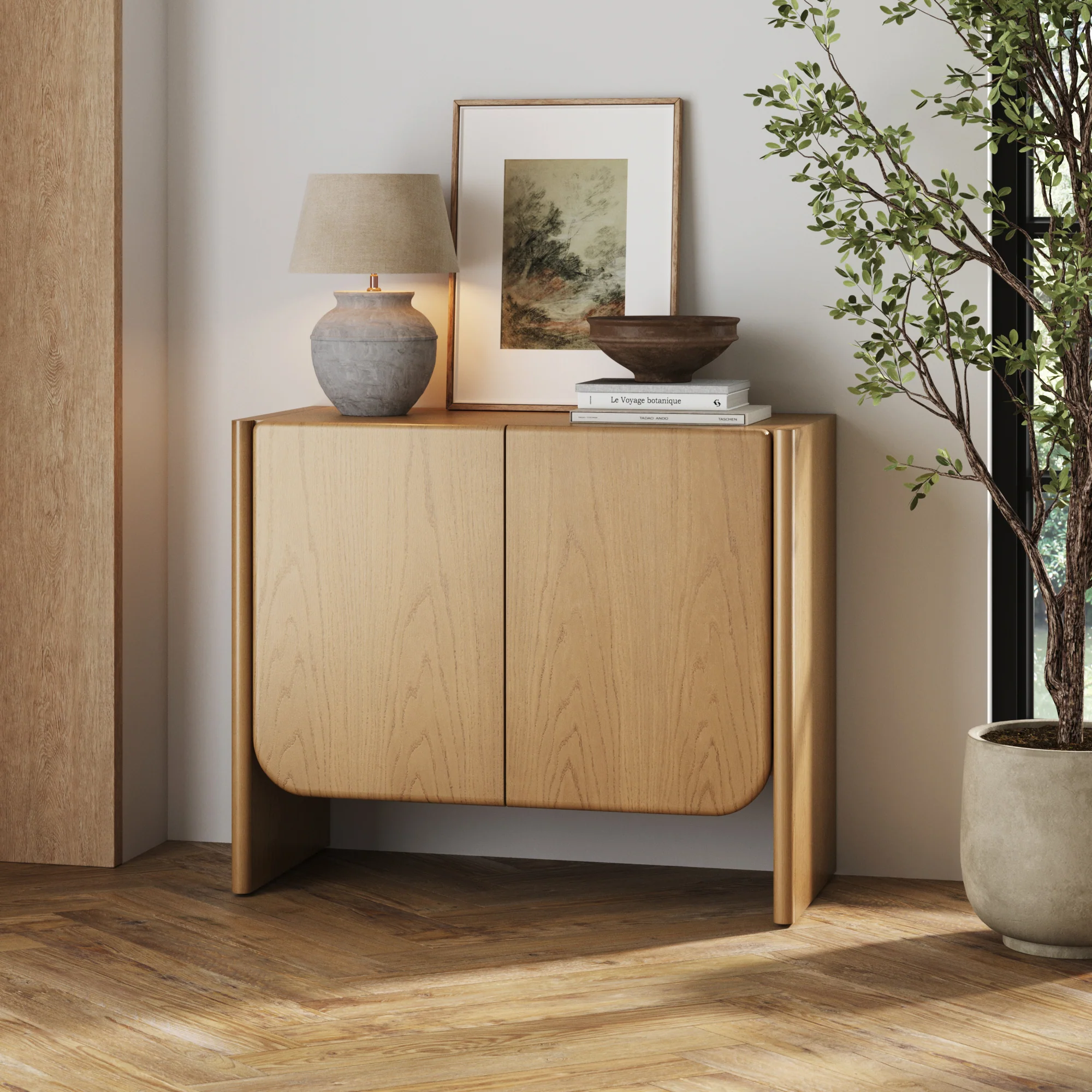 Mid Century Modern Rounded Wood Accent Cabinet Raw Oak