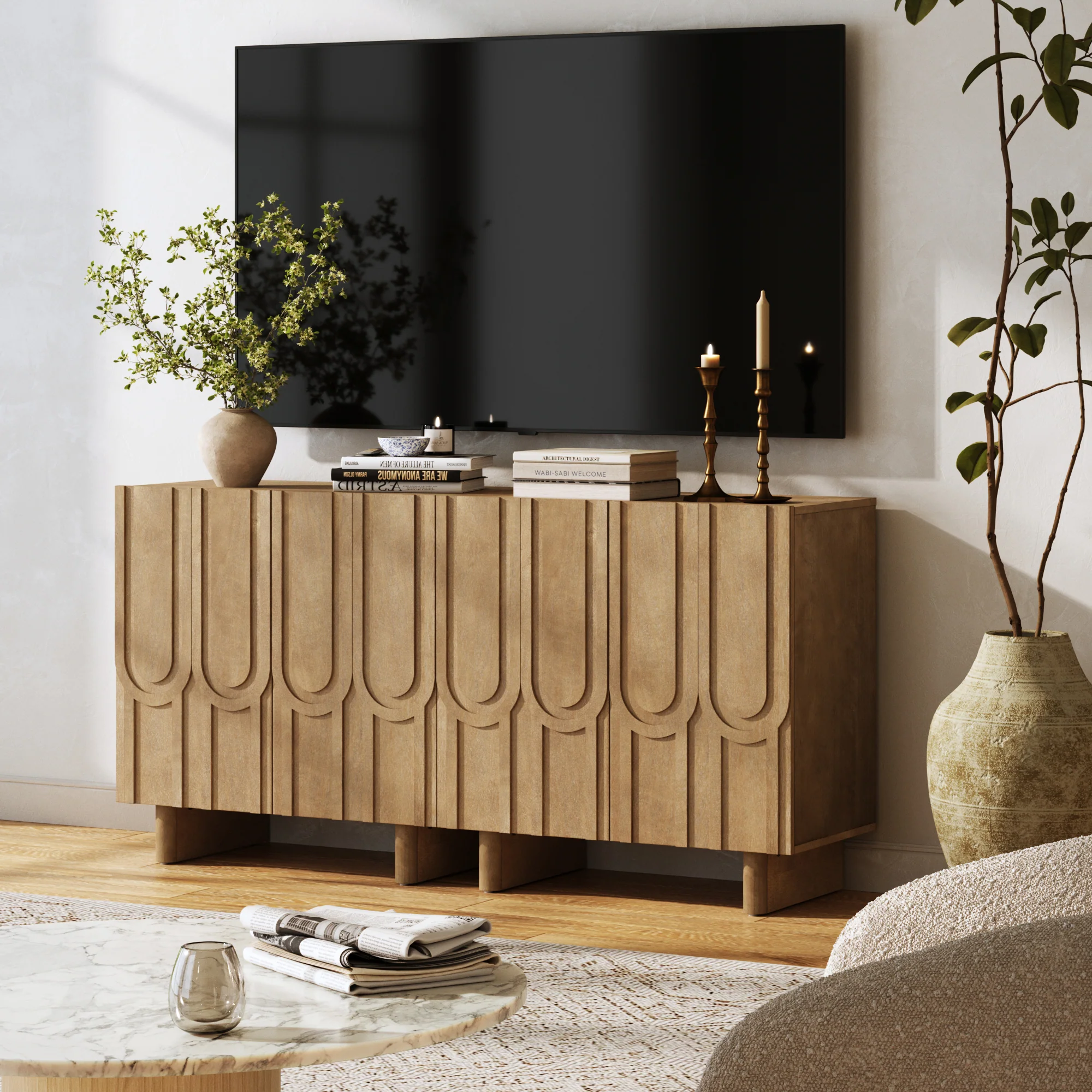 Mid Century TV Console Table with Storage for 55-65" TVs Light Brown