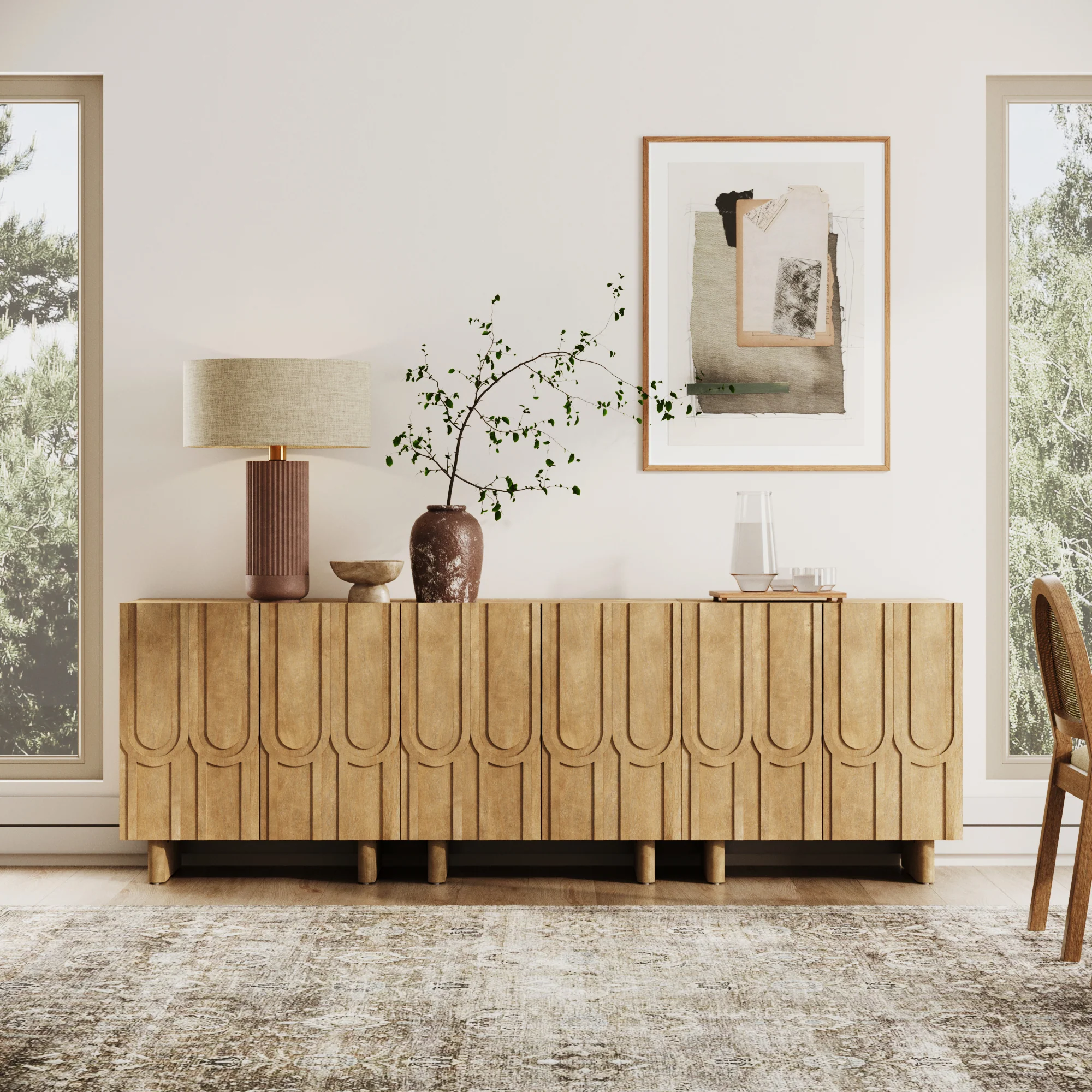 Mid Century Style Credenza with Geometric Carved Doors Light Brown (Set of 3)