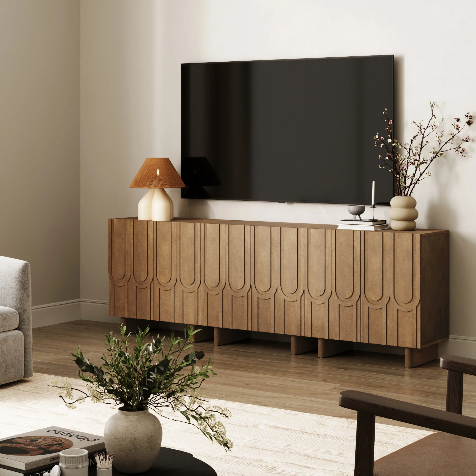 Mid Century Style Credenza with Geometric Carved Doors Light Brown (Set of 3) - Image 2