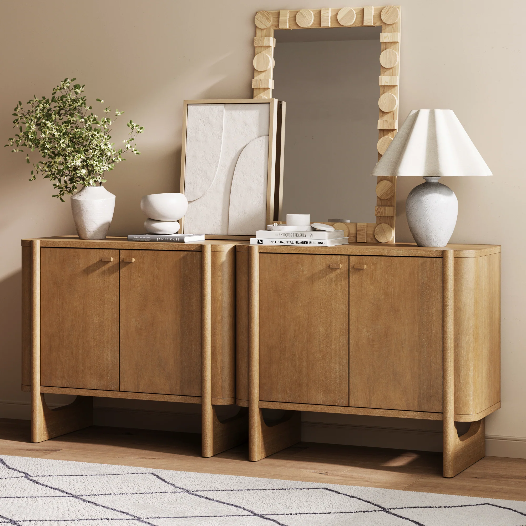 Mid-Century Modern Solid Wood Accent Cabinet Credenza Light Brown (Set of 2)