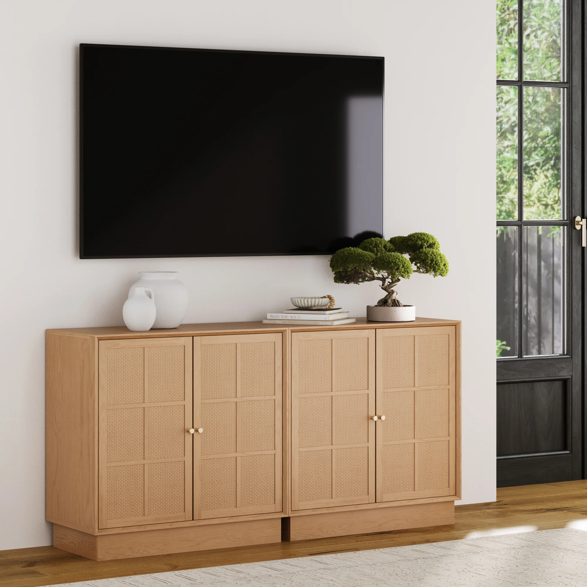 Modern Coastal Rattan Wood Sideboard Storage Cabinet Raw Oak (Set of 2) - Image 2