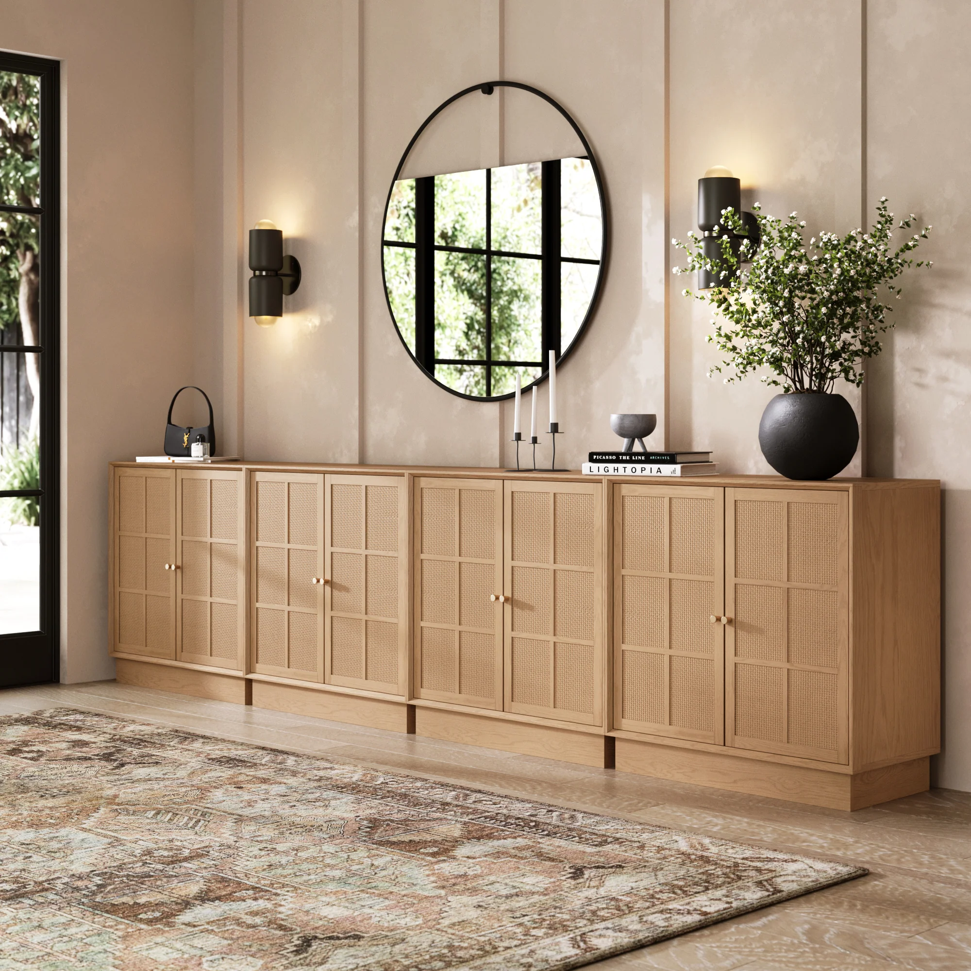 Modern Coastal Raw Oak TV Cabinet Stand for TVs 85" with Rattan Doors - Image 2