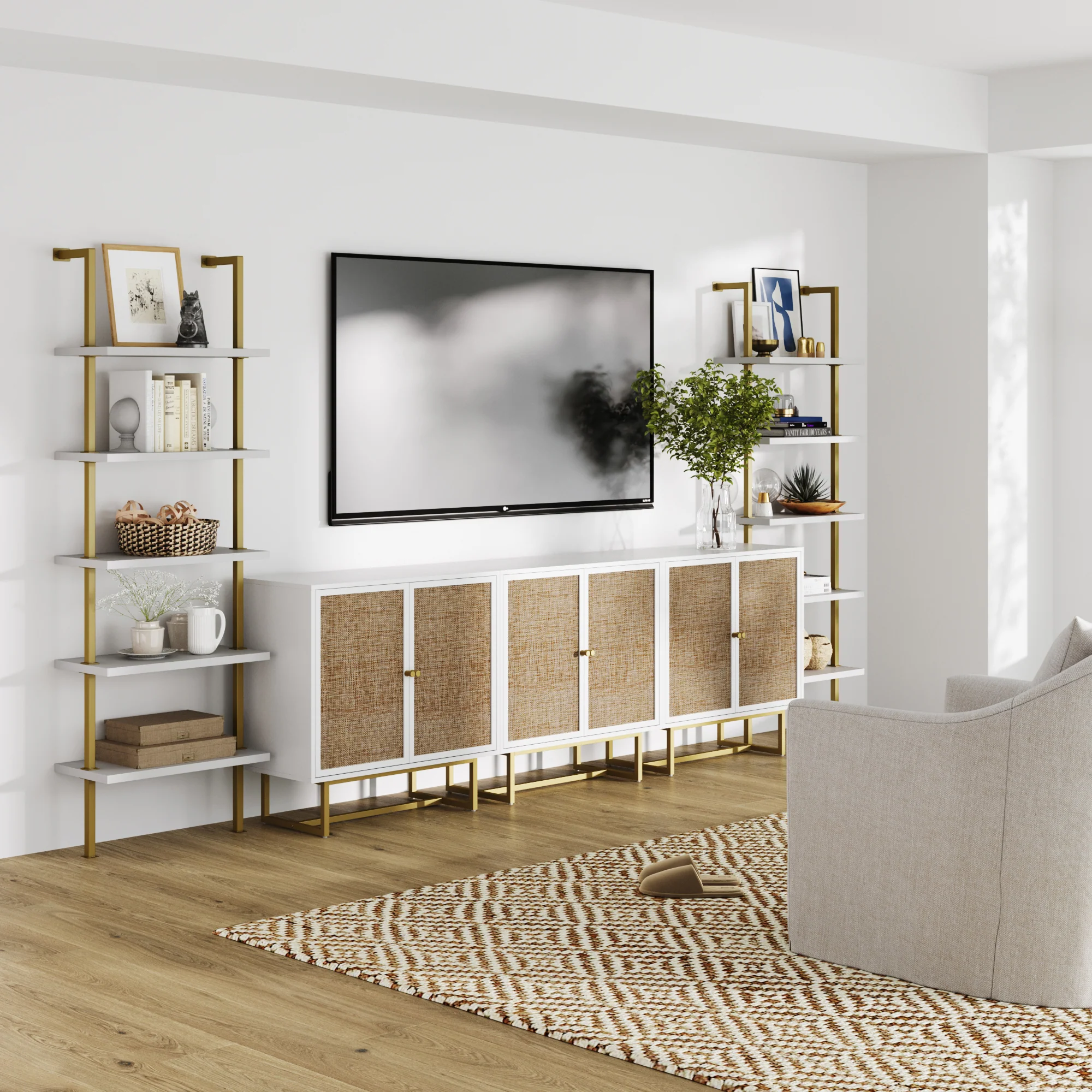 Modern Metal and Wood TV Entertainment Center with Bookcase (3 Cabinets) - Image 2