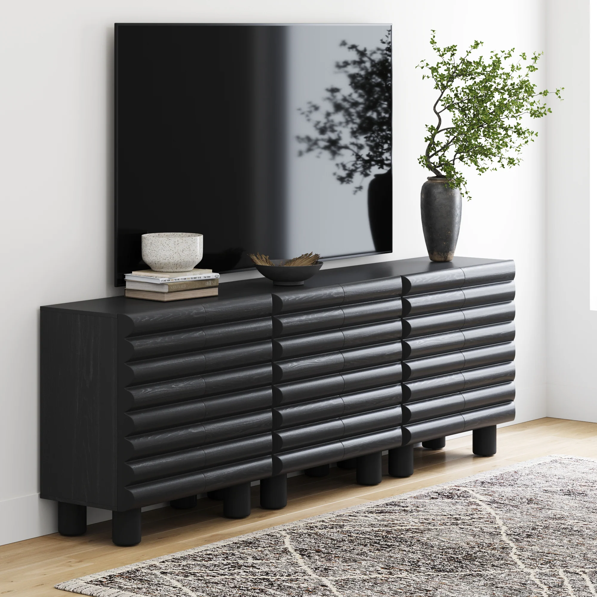 Wooden Sideboard Credenza Cabinet with Sculpted Door Black (Set of 3) - Image 2