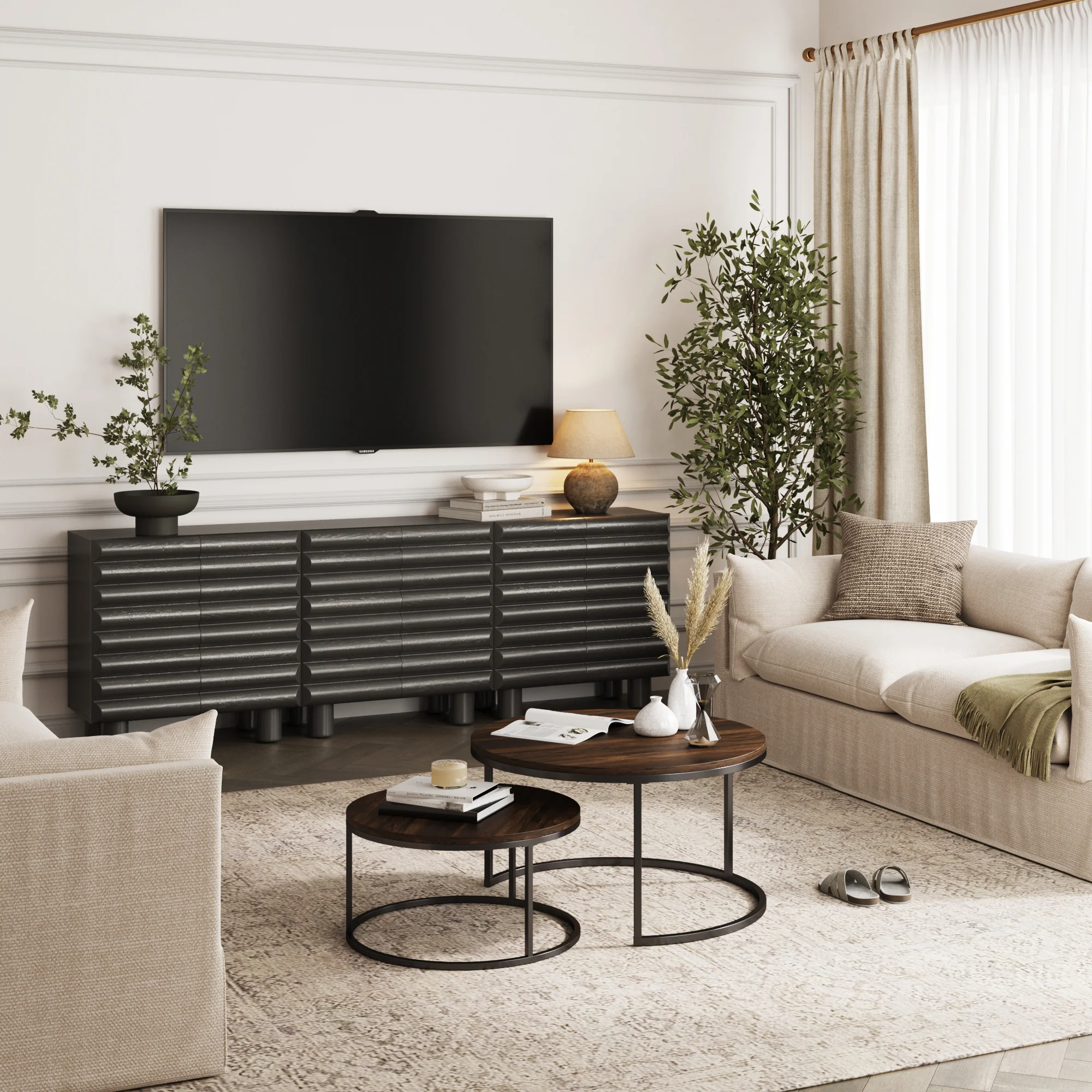 Wooden Sideboard Credenza Cabinet with Sculpted Door Black (Set of 3) - Image 3