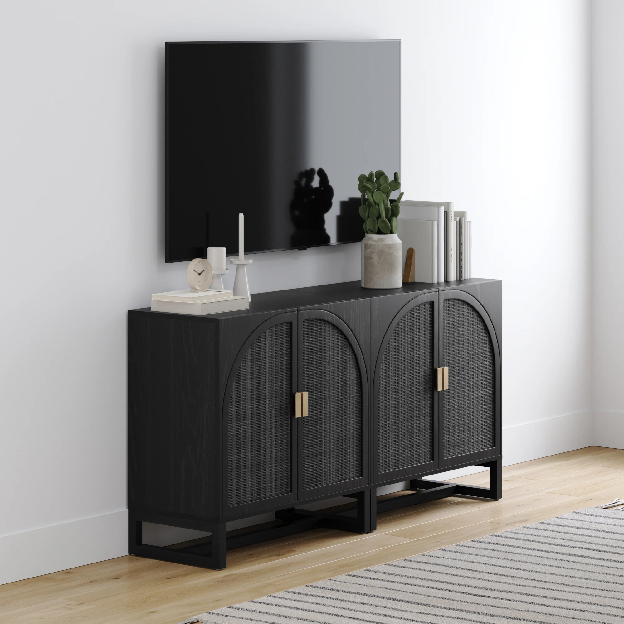 Rattan Arched TV Console Stand for 55-65" TVs Black Rattan