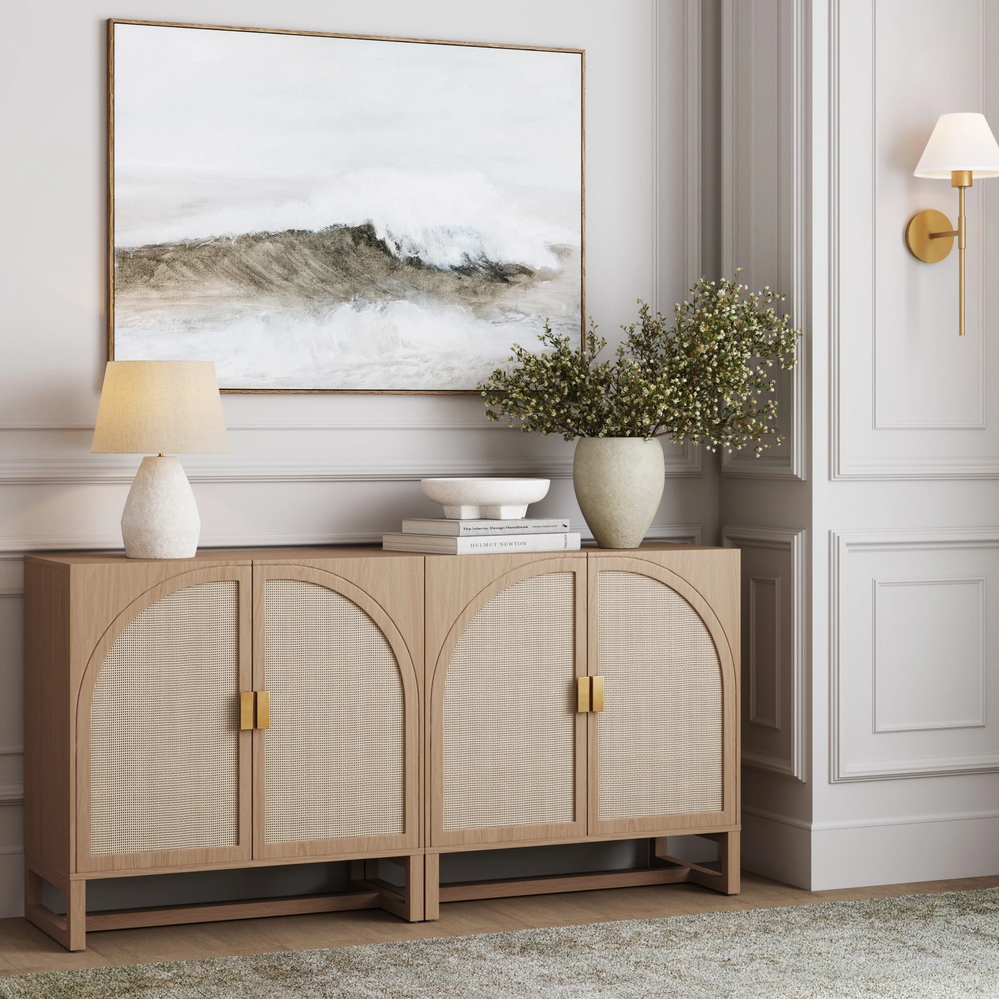 Rattan Arched TV Console Stand for 55-65" TVs Raw Oak - Image 2