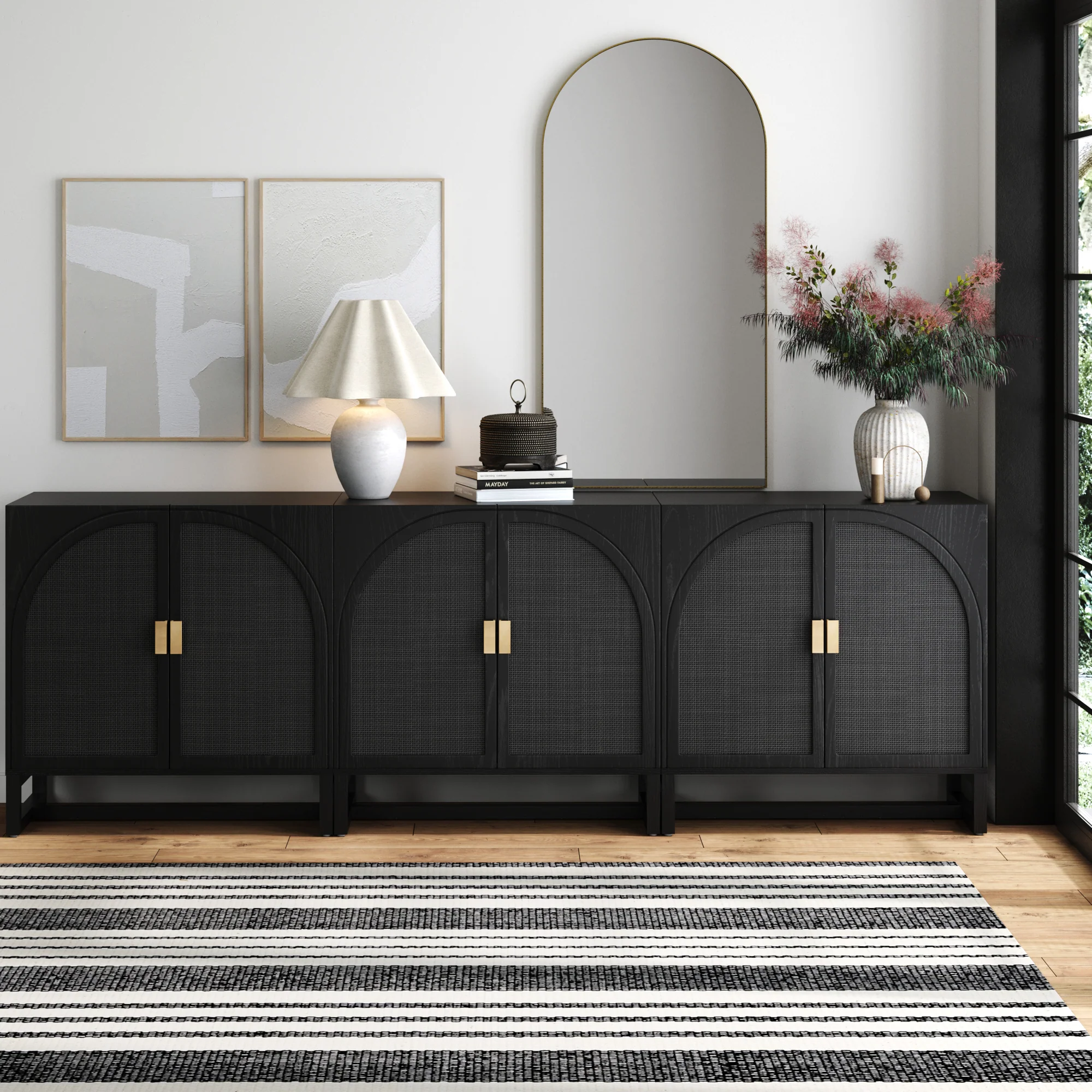Arched Wooden Storage Credenza Black Rattan (Set of 3)