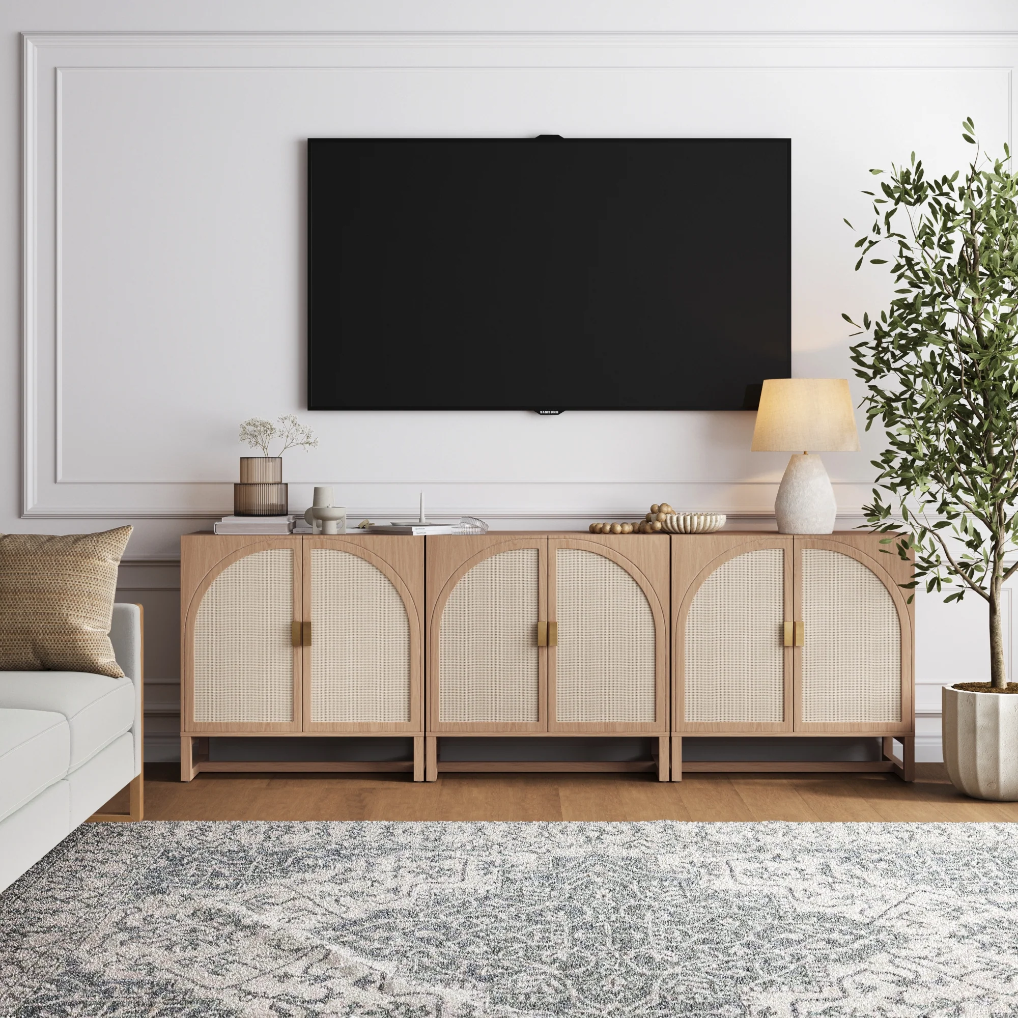 Rattan Arched TV Console Stand for 75-85" TVs Raw Oak
