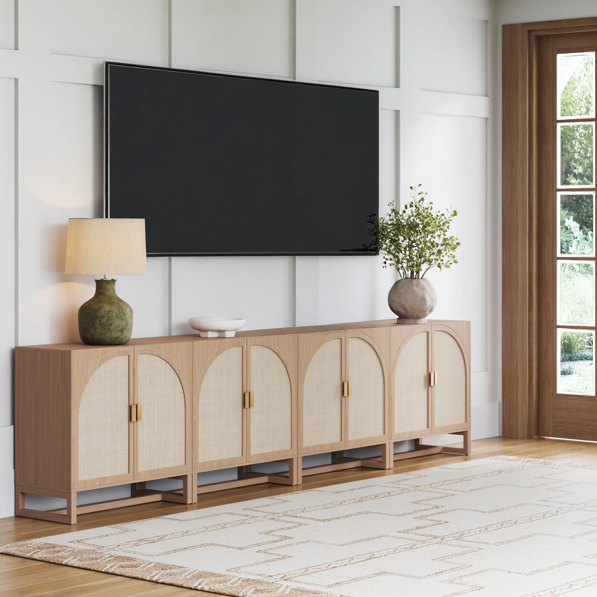 Rattan Arched TV Console Stand for 85" TVs Raw Oak
