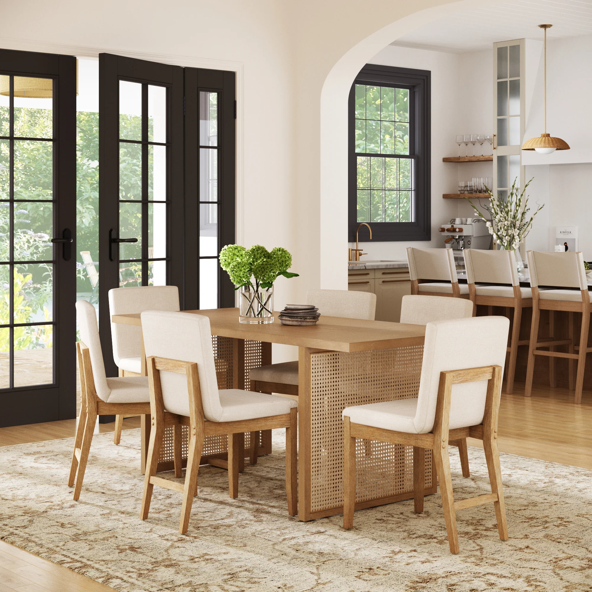 Rattan Boho Dining Set w/ Upholstered Dining Chairs (Set of 6) - Image 2