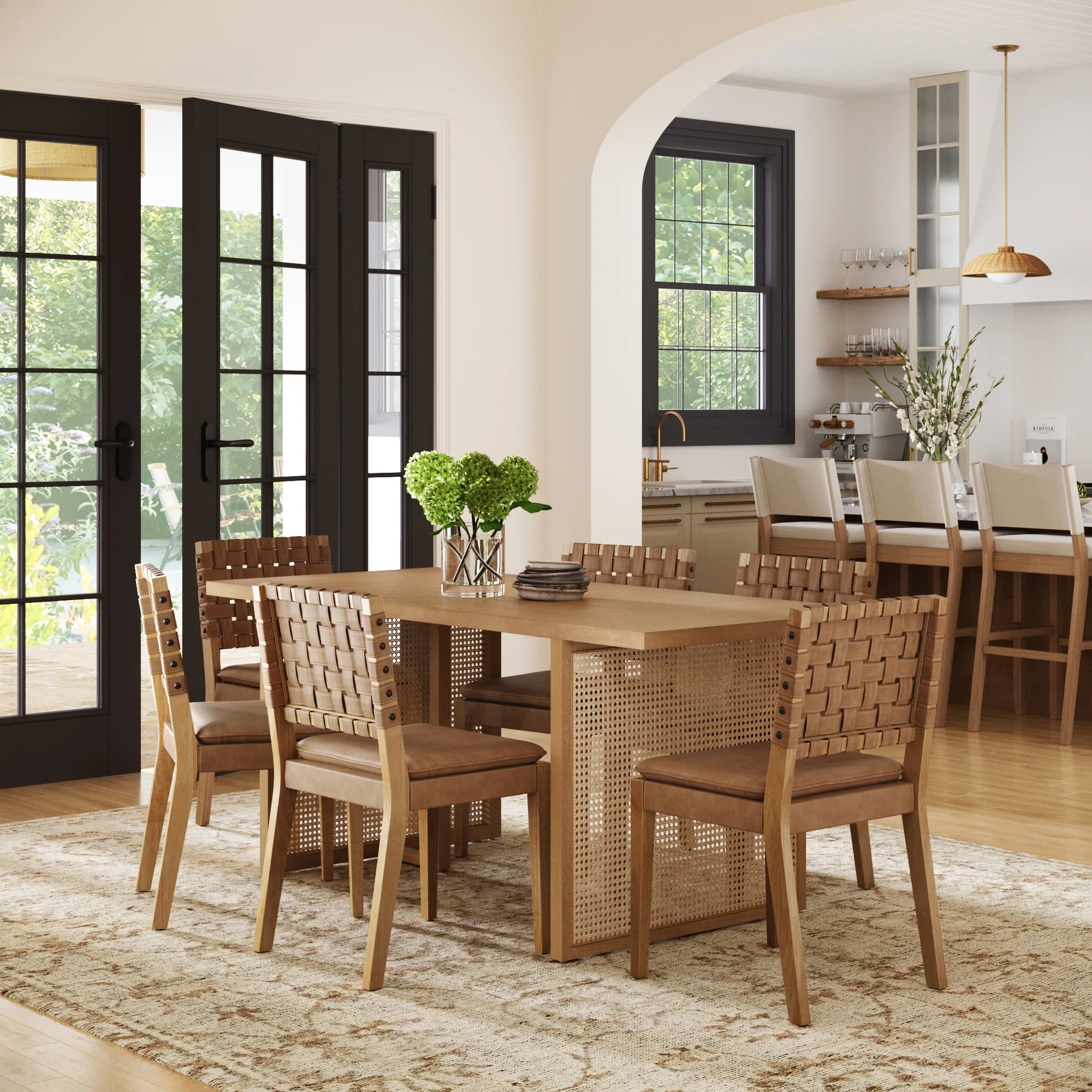 Rattan Boho Dining Table Set of 6 w/ Faux Leather Chairs - Image 2