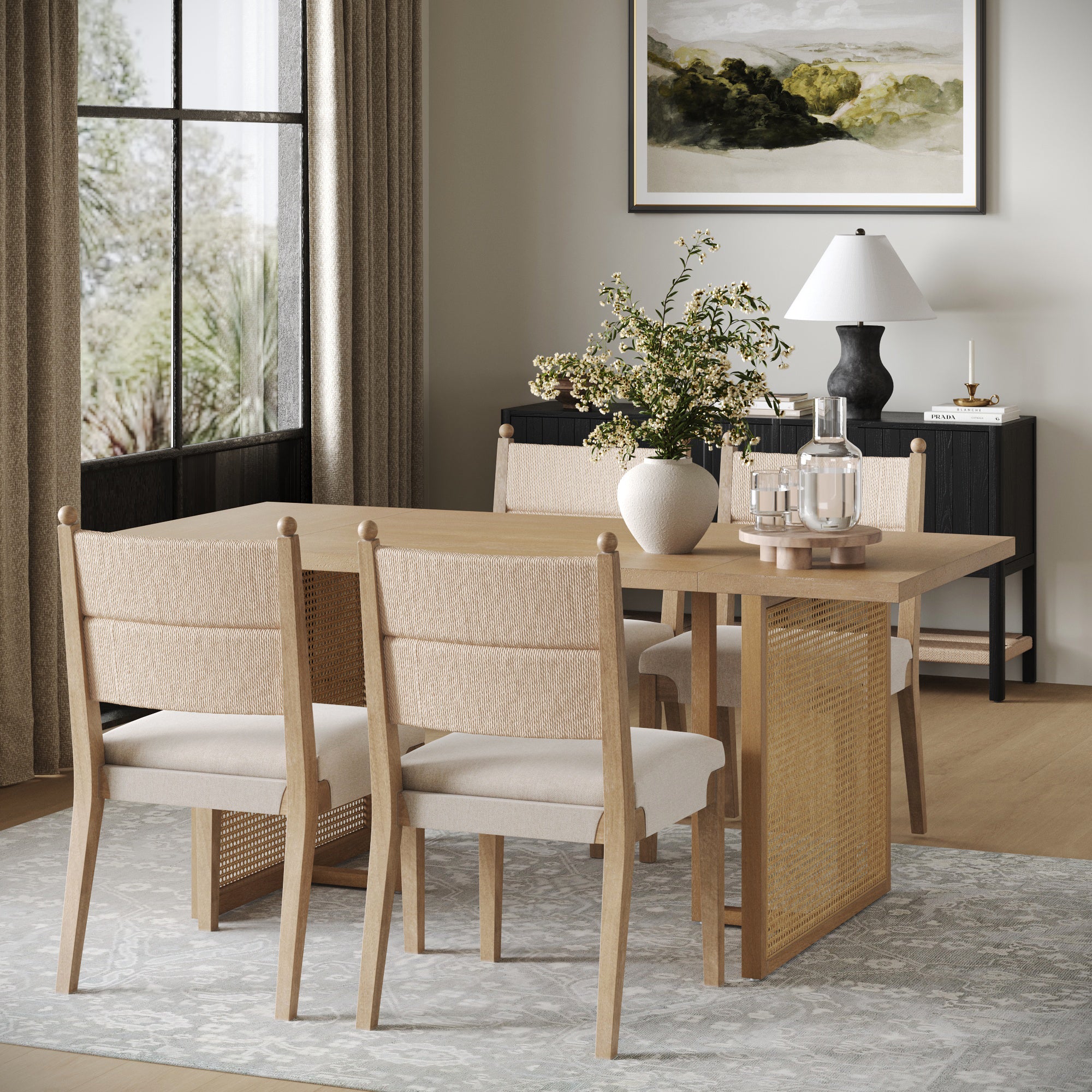 Rattan Dining Table with Flax Upholstered Chairs Set of 4