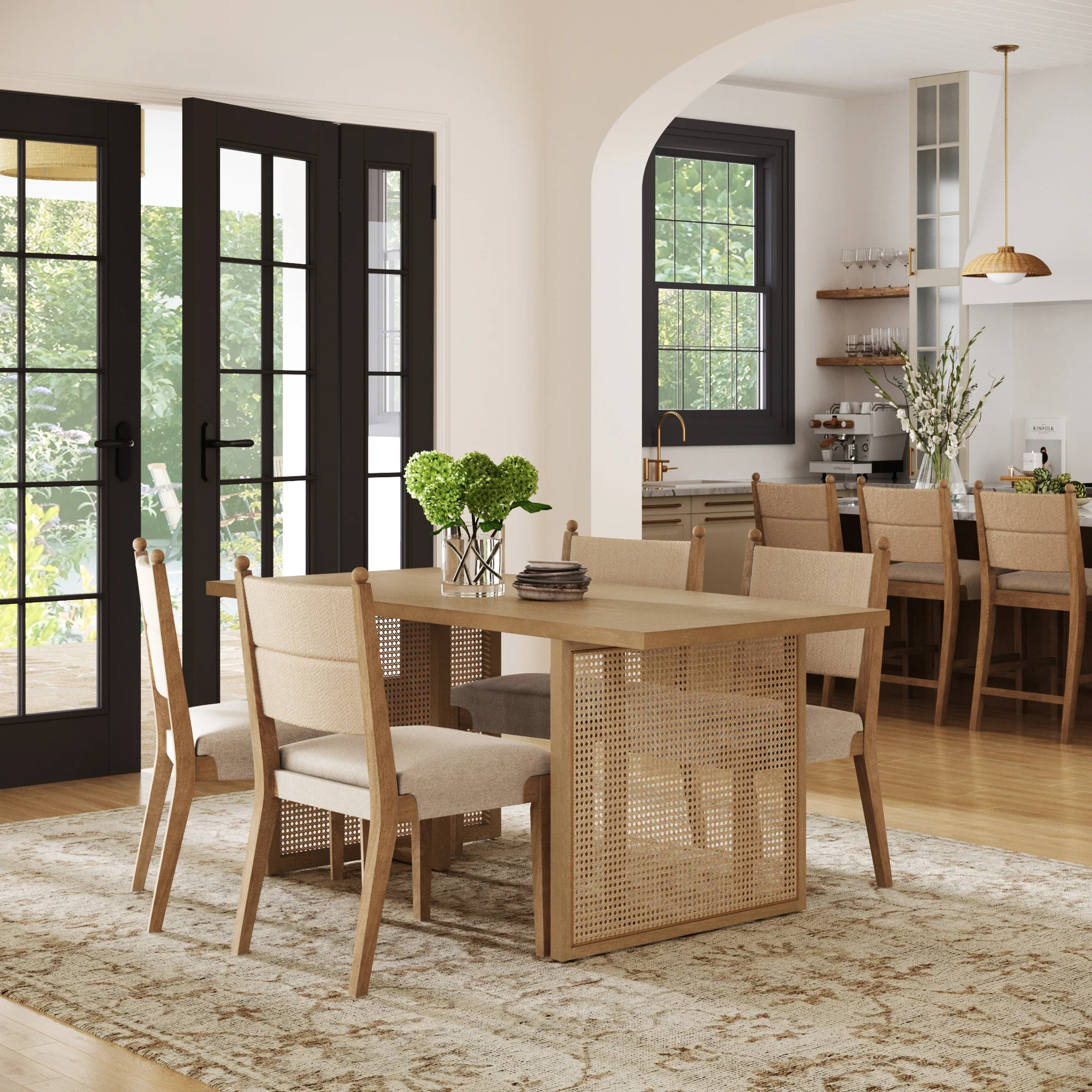 Rattan Dining Table with Flax Upholstered Chairs Set of 4 - Image 2