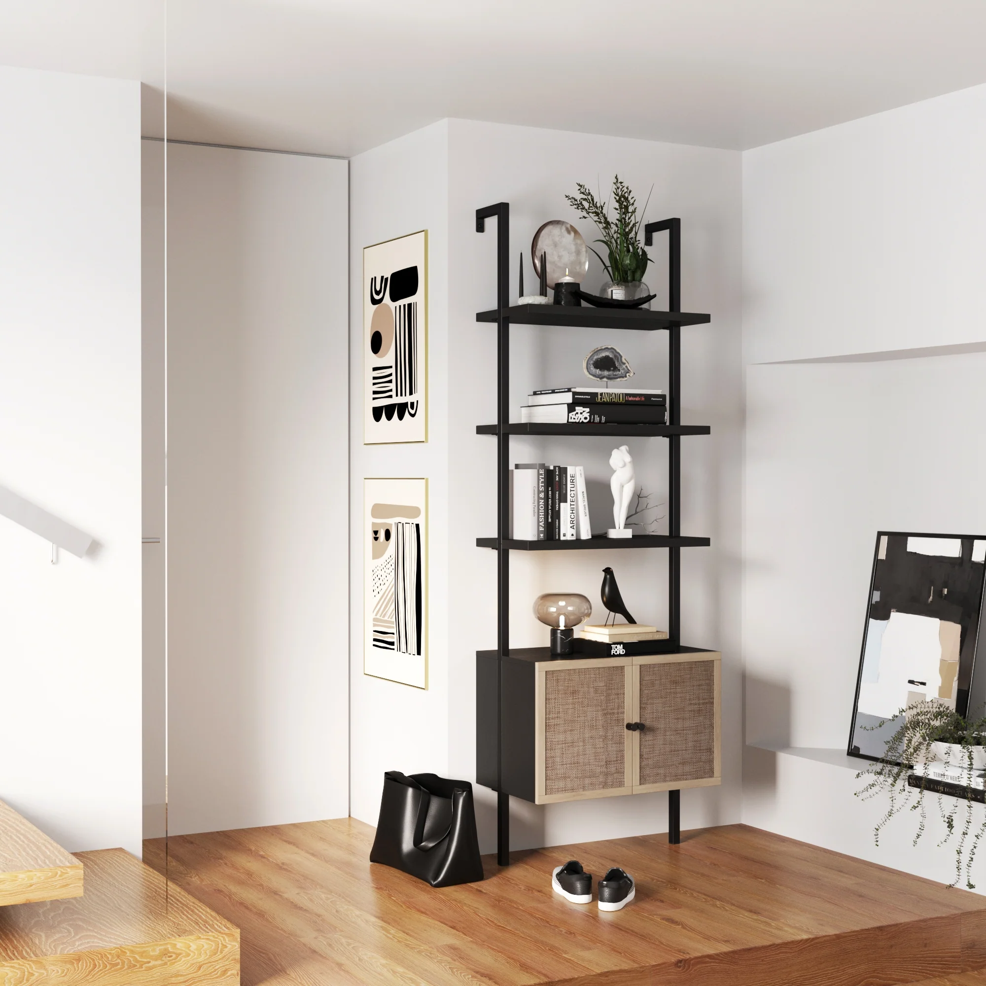 Rattan Ladder Storage Bookshelf with Doors Black - Image 2