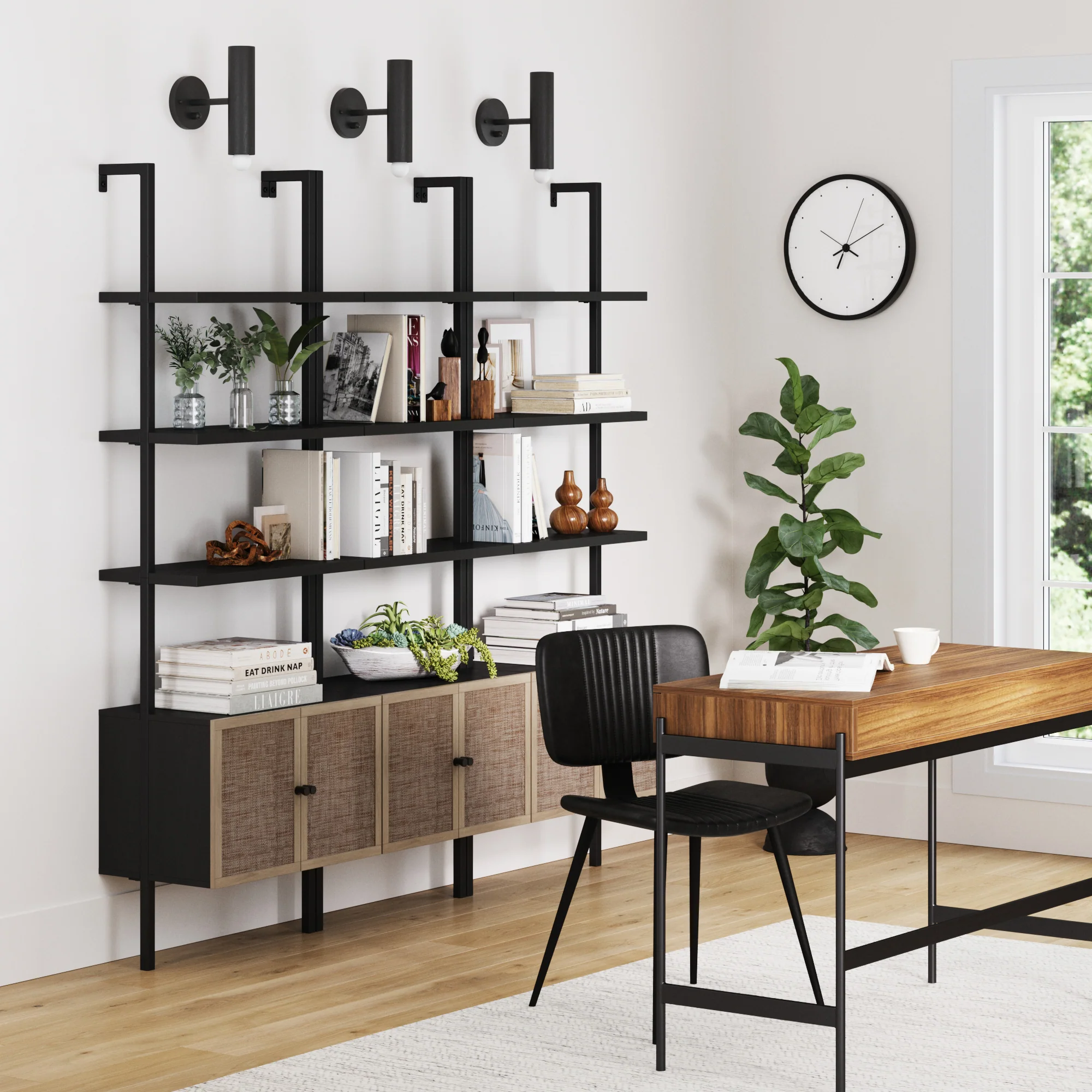 Rattan Ladder Wall Bookshelves with Doors Black (Set of 3) - Image 2