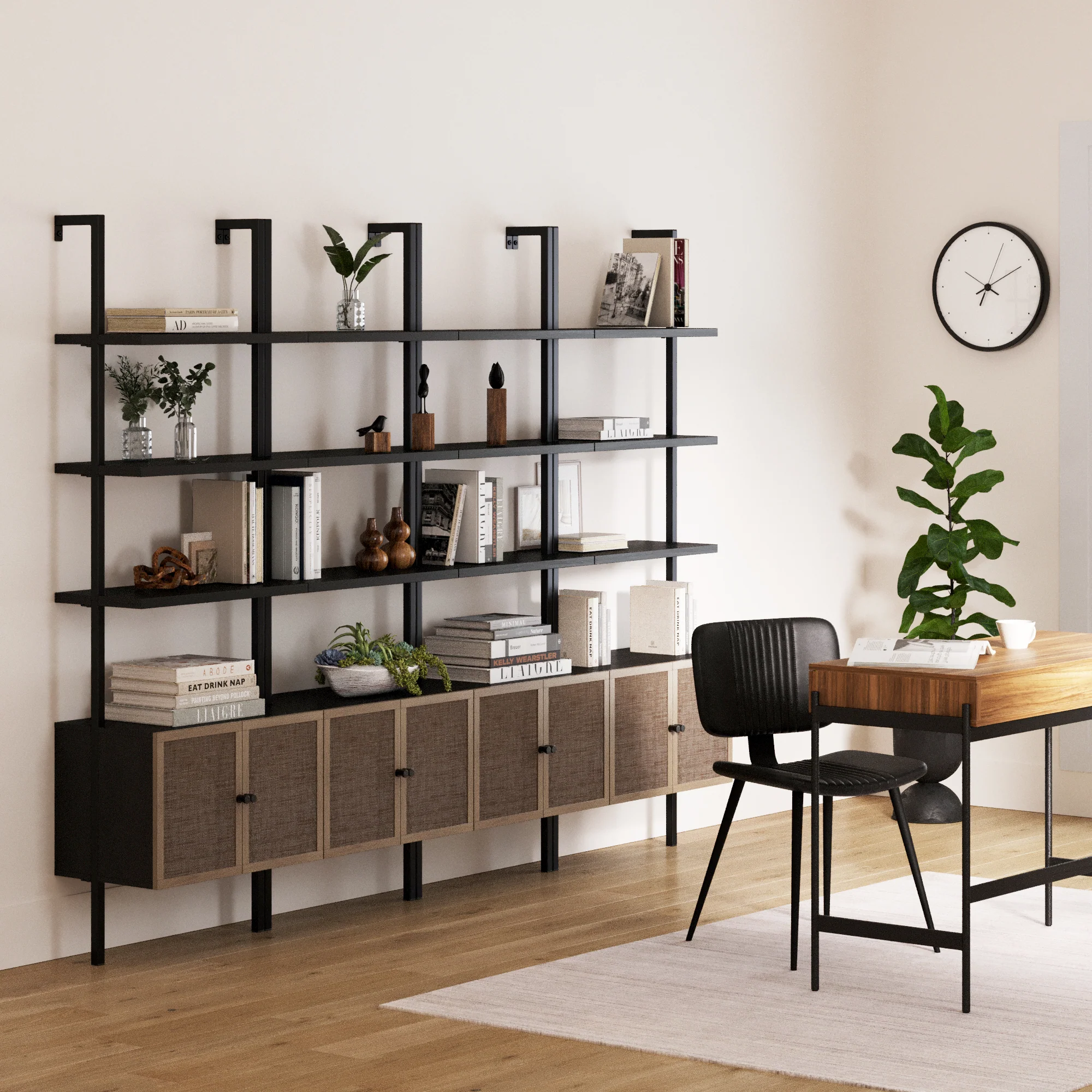 Rattan Ladder Wall Bookshelves with Doors Black (Set of 4) - Image 2