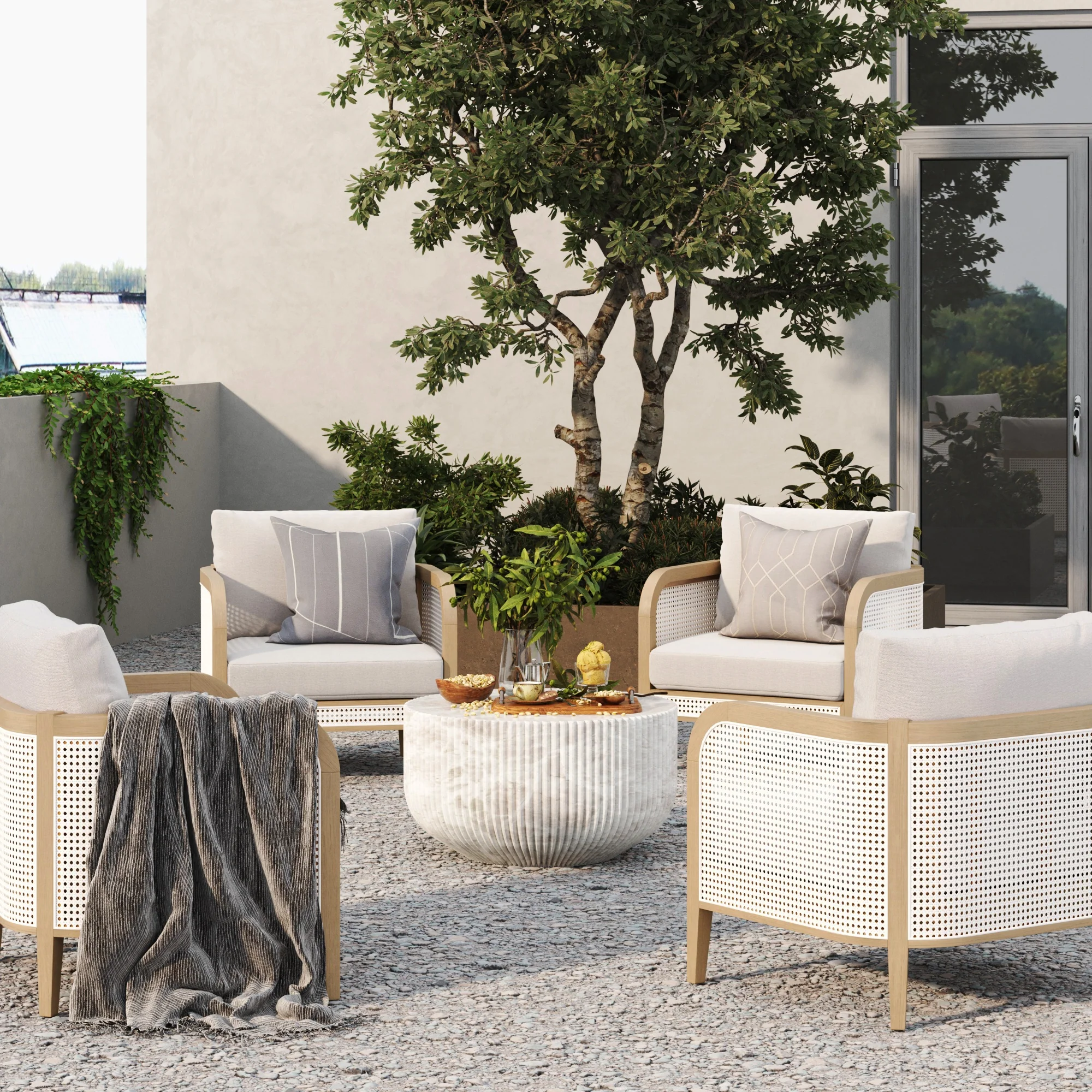 Outdoor Wood & Rattan Patio Arm Chairs Gray Oak (Set of 4) - Image 2