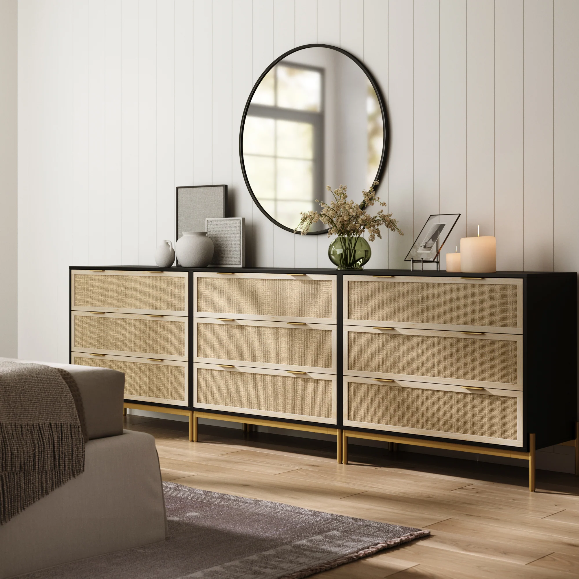 Rattan & Wood 3-Drawer Dressers Black (Set of 3)
