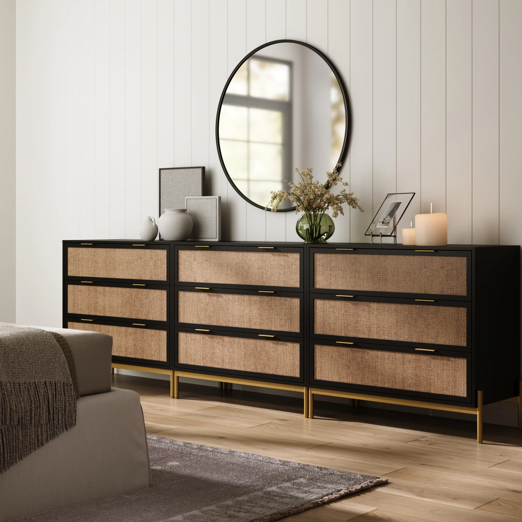 Rattan & Wood 3-Drawer Dressers Black (Set of 3) - Image 3