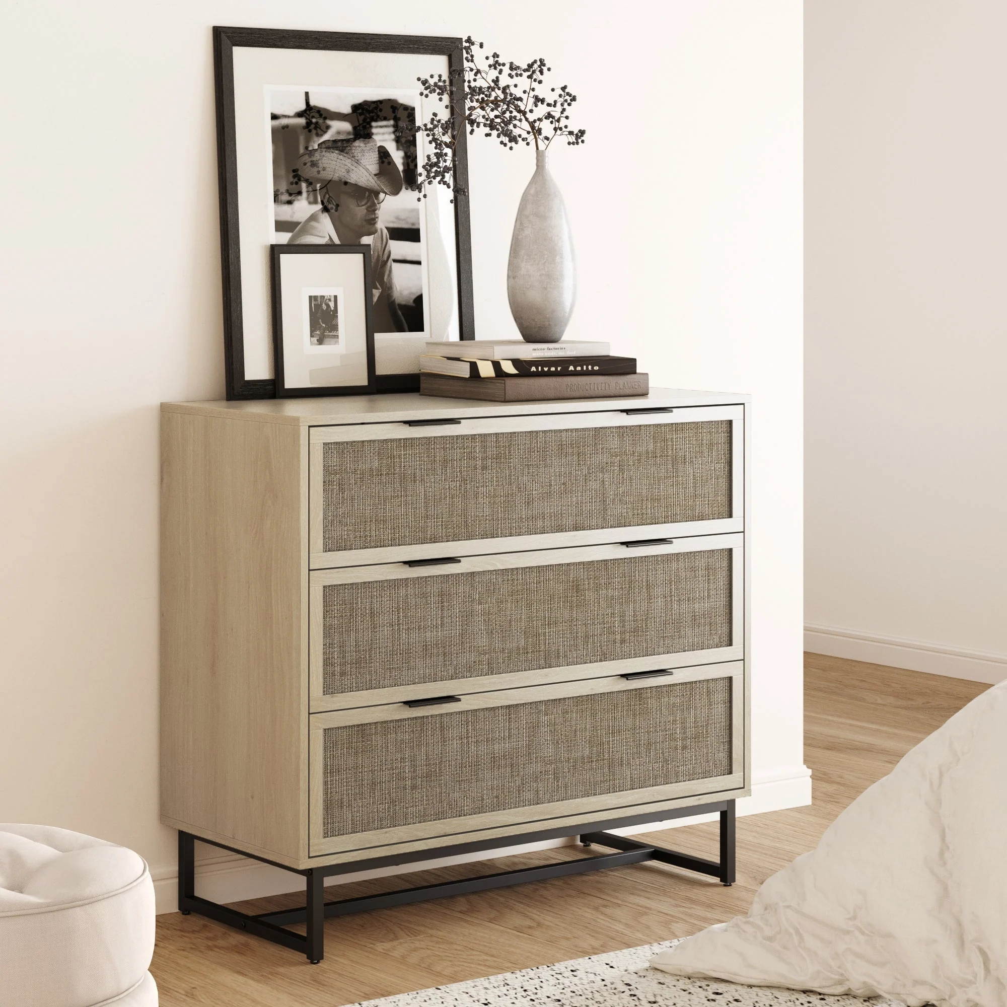 Rattan, Wood & Metal 3-Drawer Dresser Light Oak