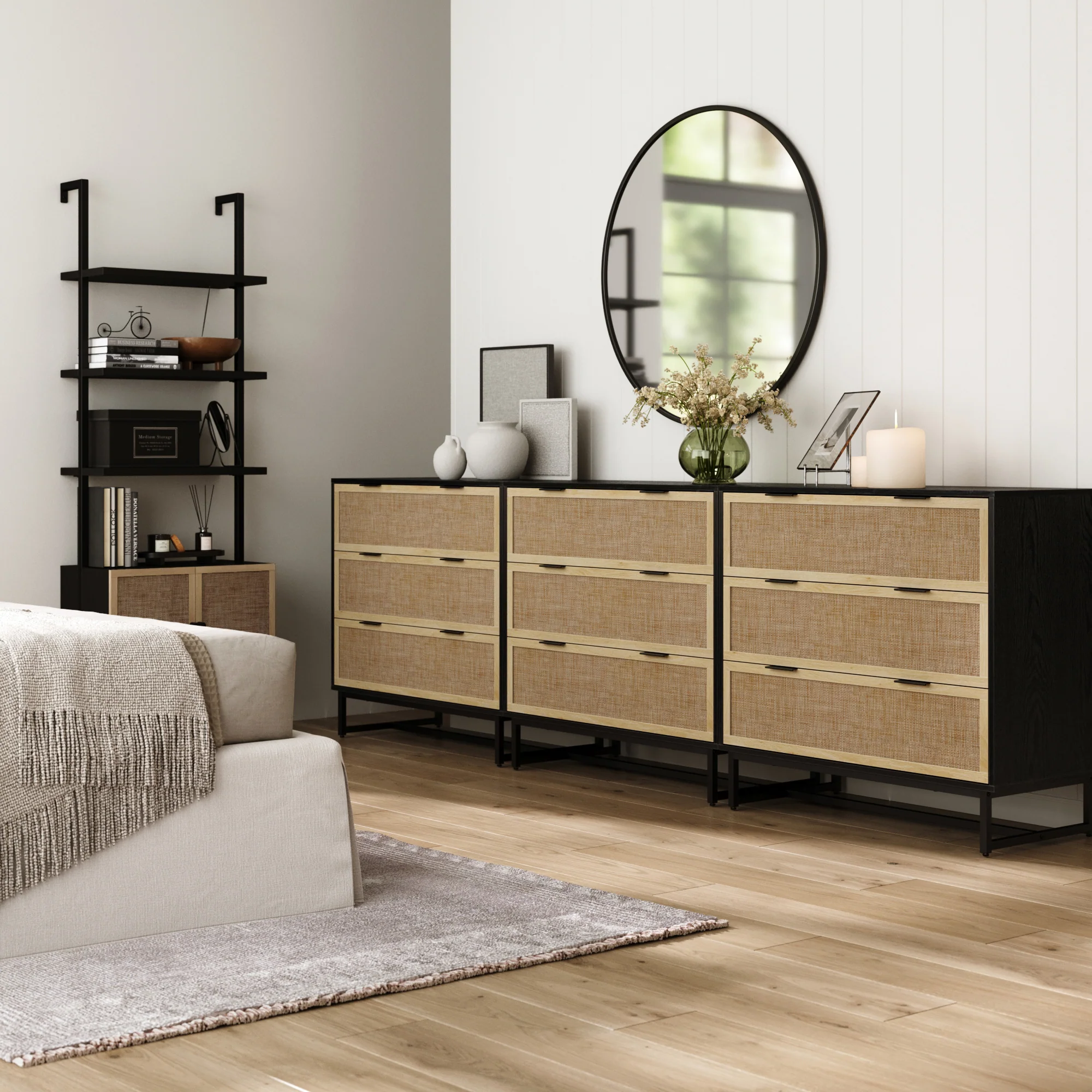 Rattan, Wood & Metal 3-Drawer Dressers Black (Set of 3) - Image 2