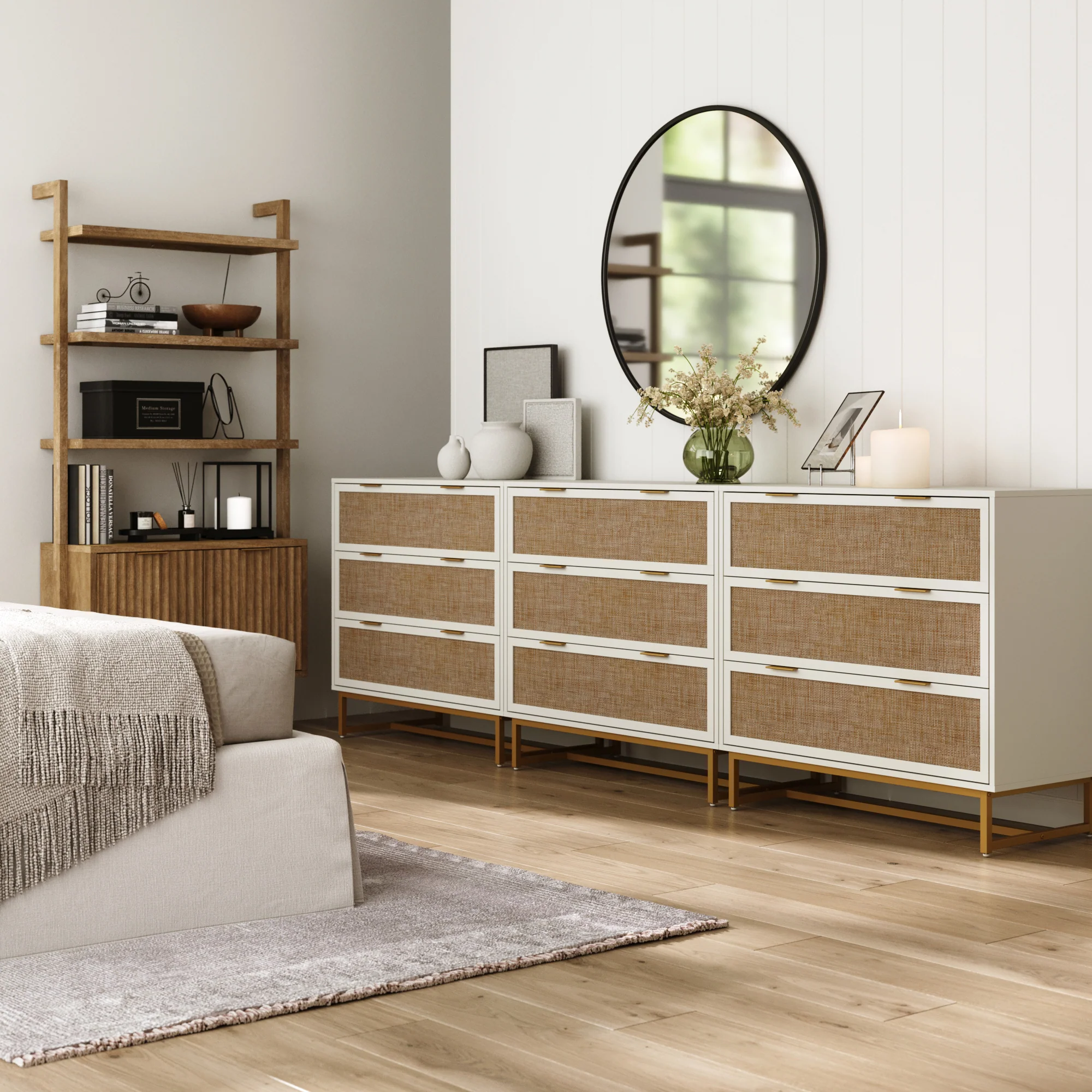Rattan, Wood & Metal 3-Drawer Dressers White (Set of 3) - Image 2