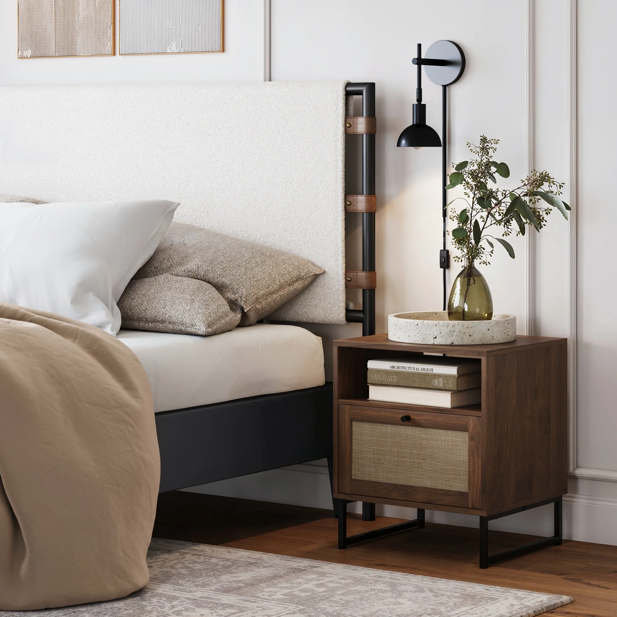 Rattan & Wood Storage Nightstand Walnut - Image 2