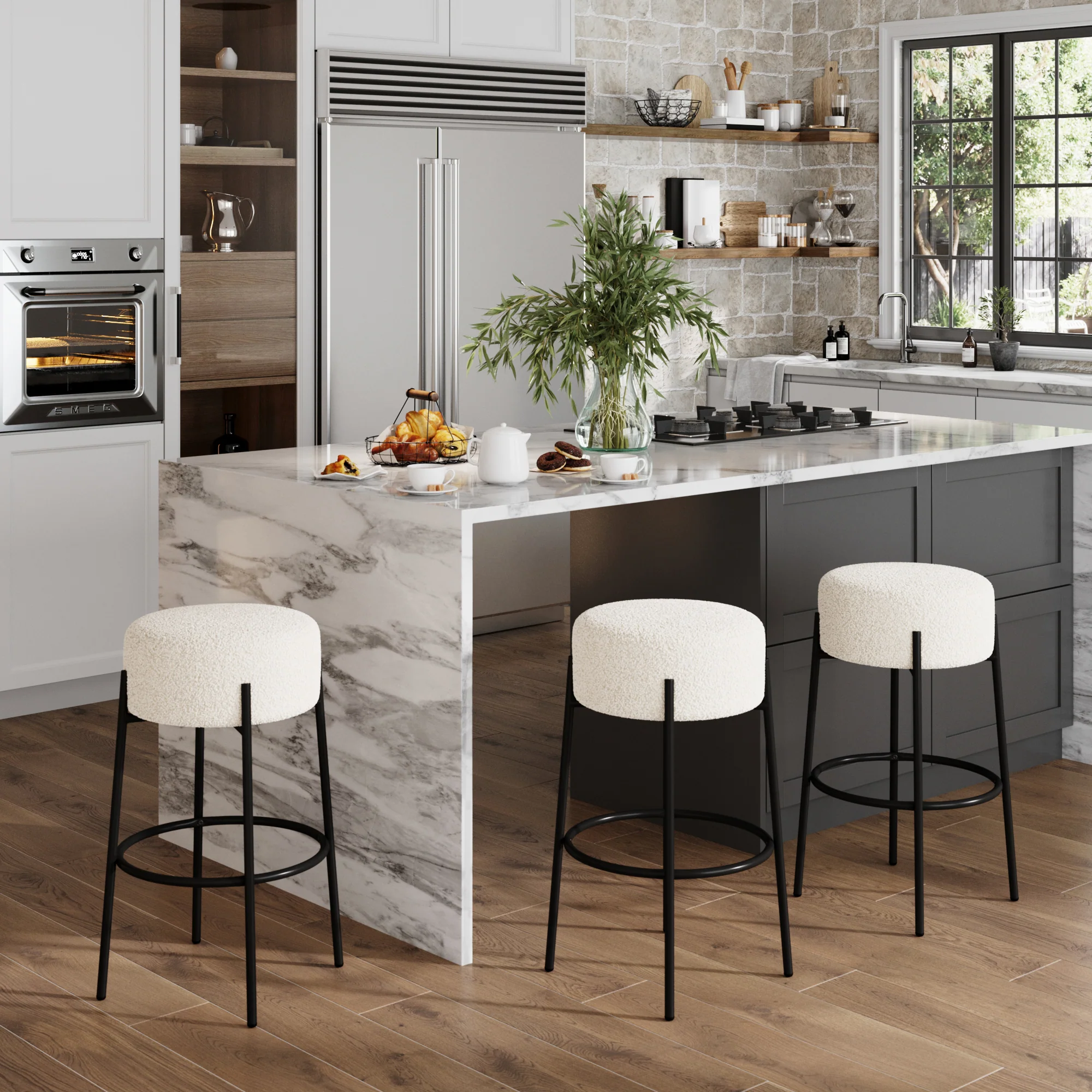 Round Boucle Backless Bar Stools (Set of 3) - Image 2