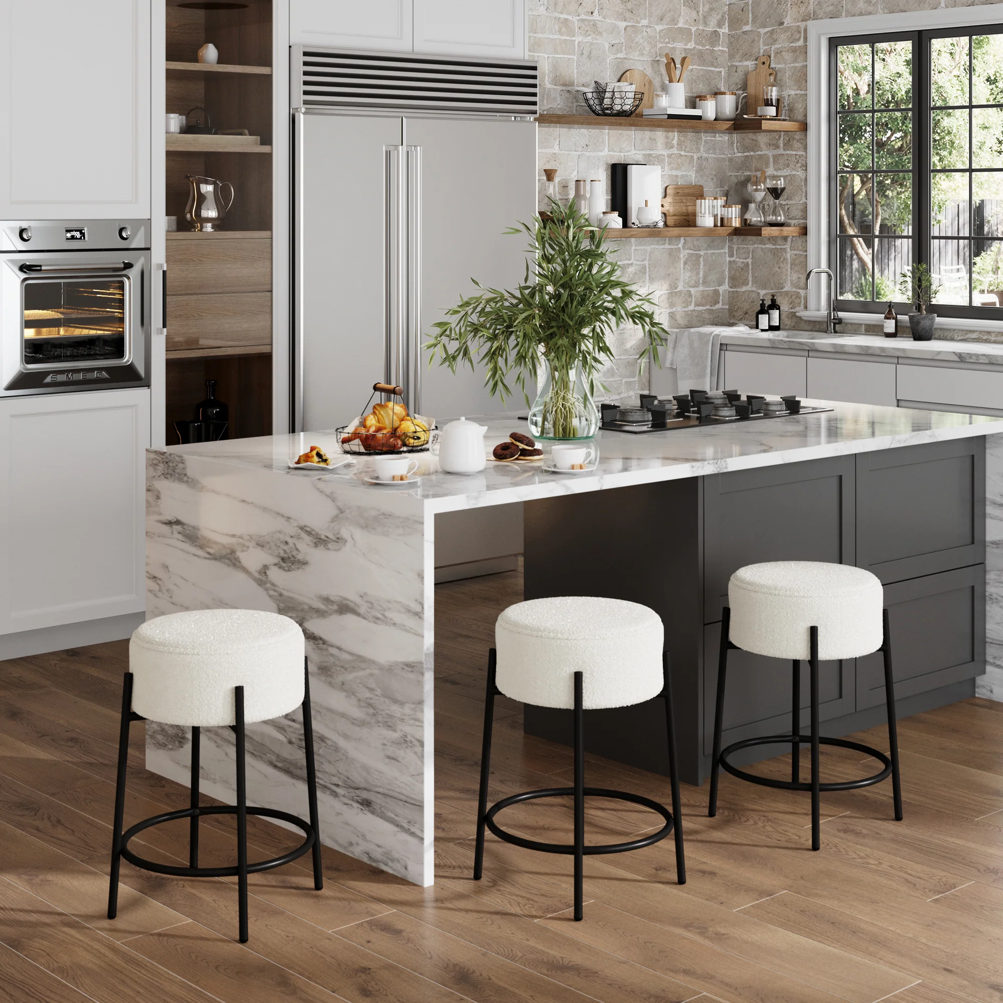 Round Boucle Backless Counter Height Bar Stools (Set of 3) - Image 2