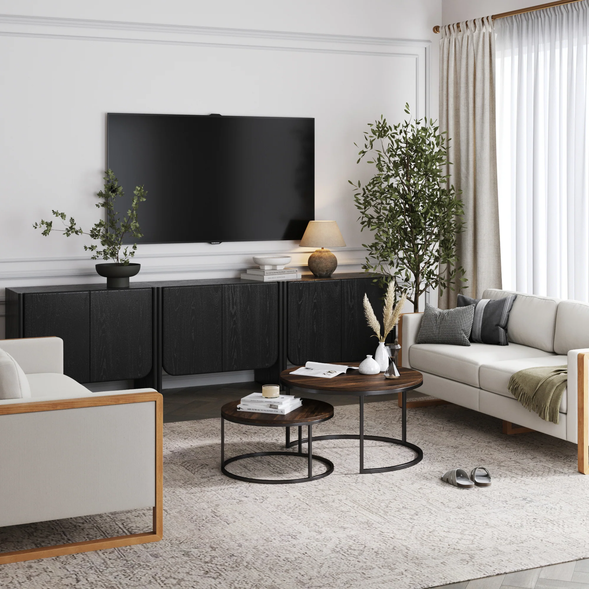 Rounded Wood TV Console Cabinet Black Oak for TVs 75-85" - Image 2