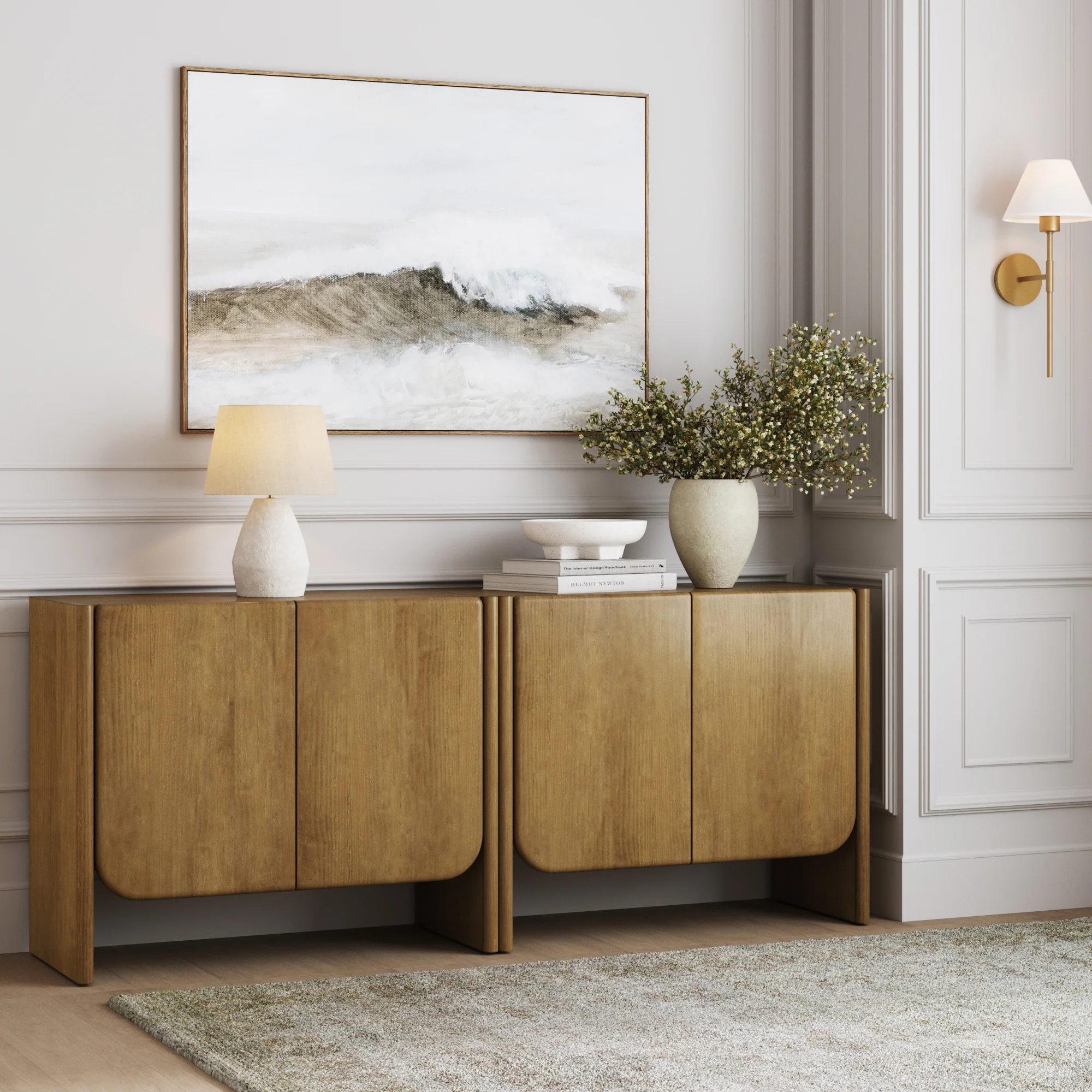 Arched Wood Accent Cabinet or Kitchen Credenza Light Brown (Set of 2)