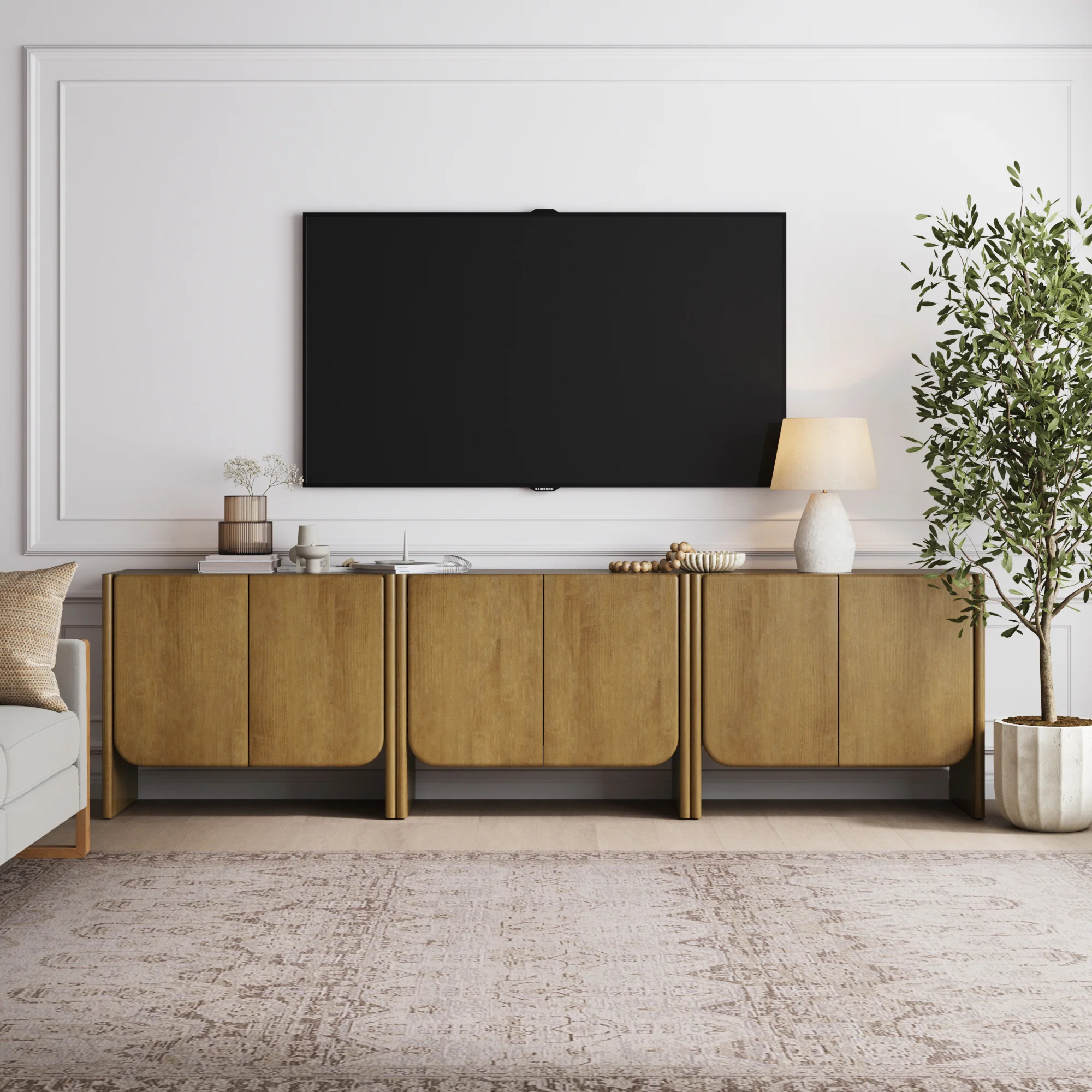 Arched Wood Accent Cabinet or Kitchen Credenza Light Brown (Set of 3) - Image 2