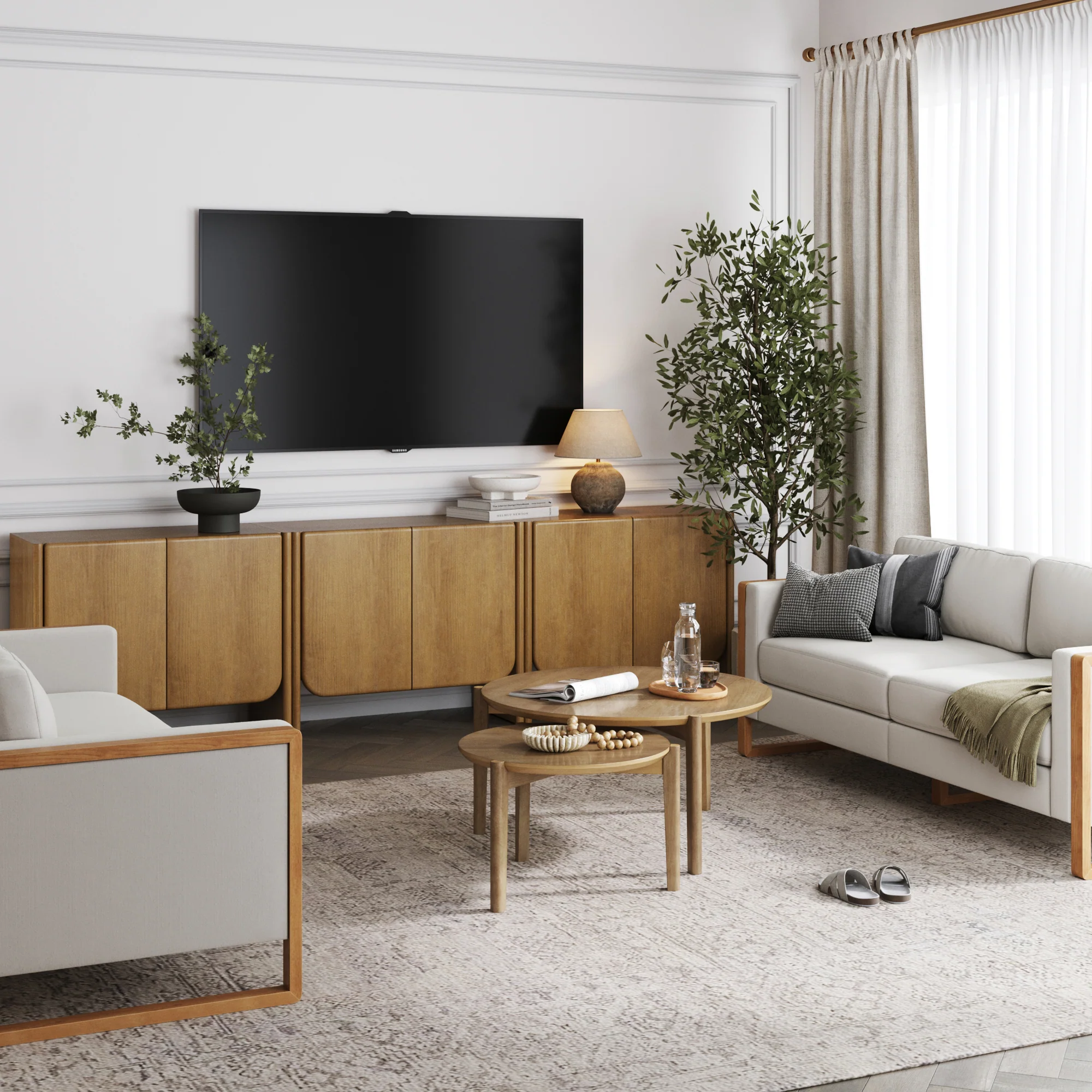 Arched Wood Accent Cabinet or Kitchen Credenza Light Brown (Set of 3) - Image 3