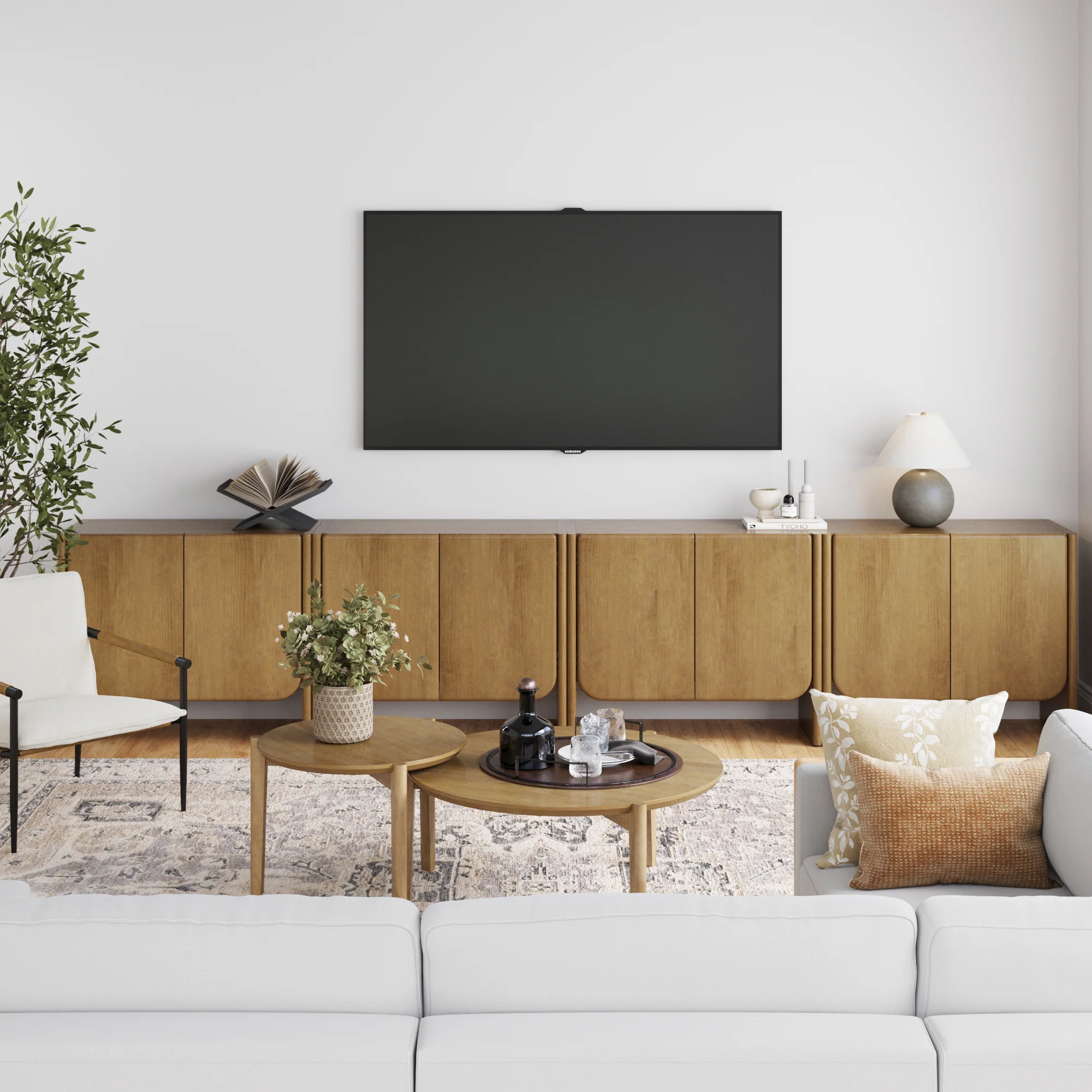 Rounded Wood TV Console Cabinet Light Brown for TVs 85" - Image 2